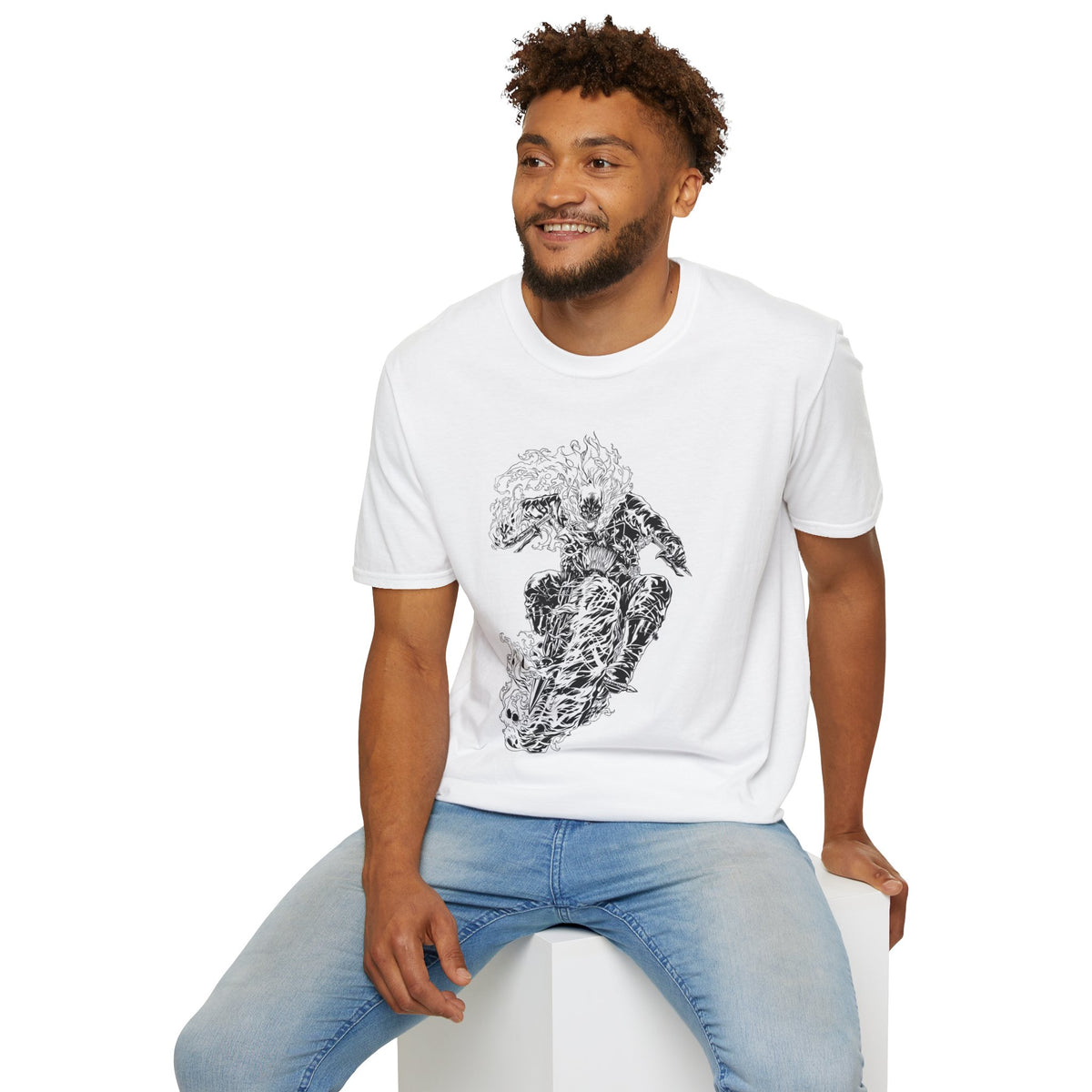 T-Shirt — Black & White Flame Skeleton Rider Graphic Tee