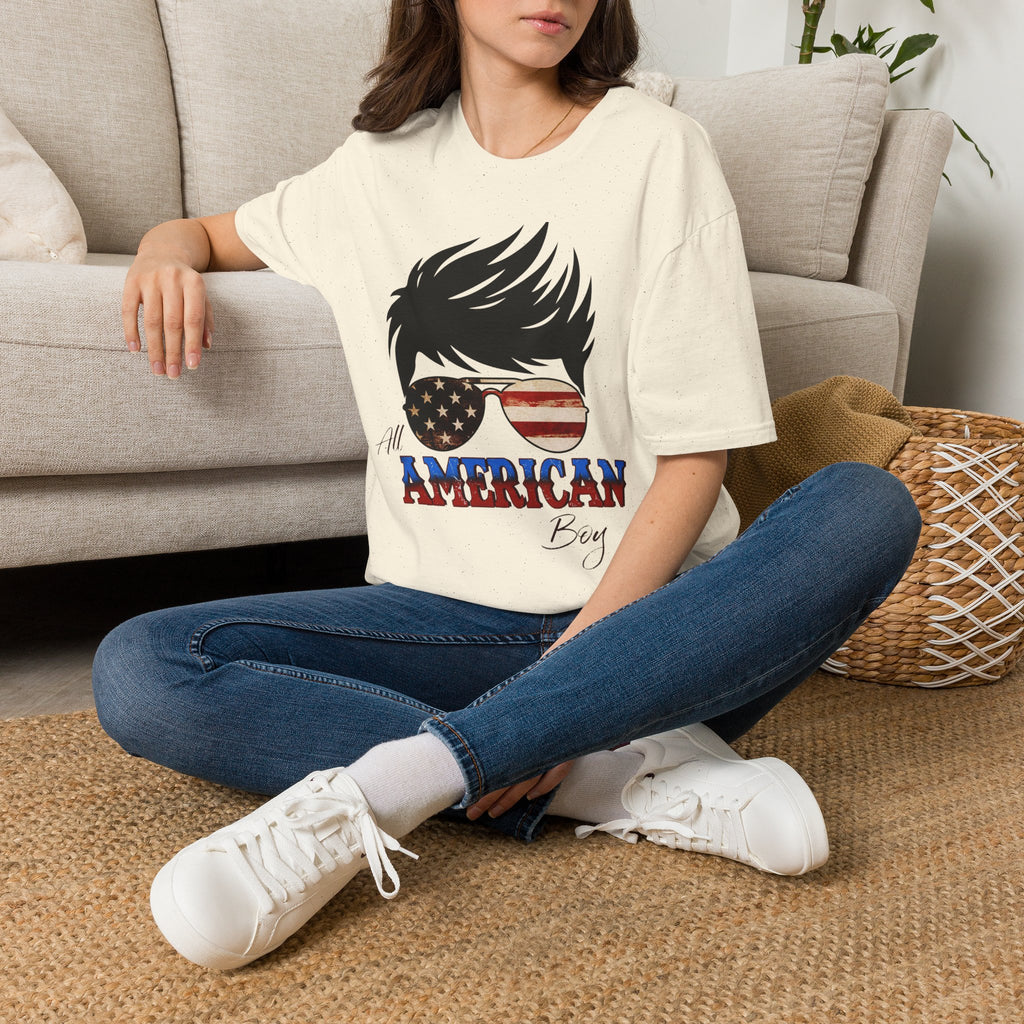 American Boy Graphic T-Shirt — Patriotic Sunglasses & Flag Hair Tee