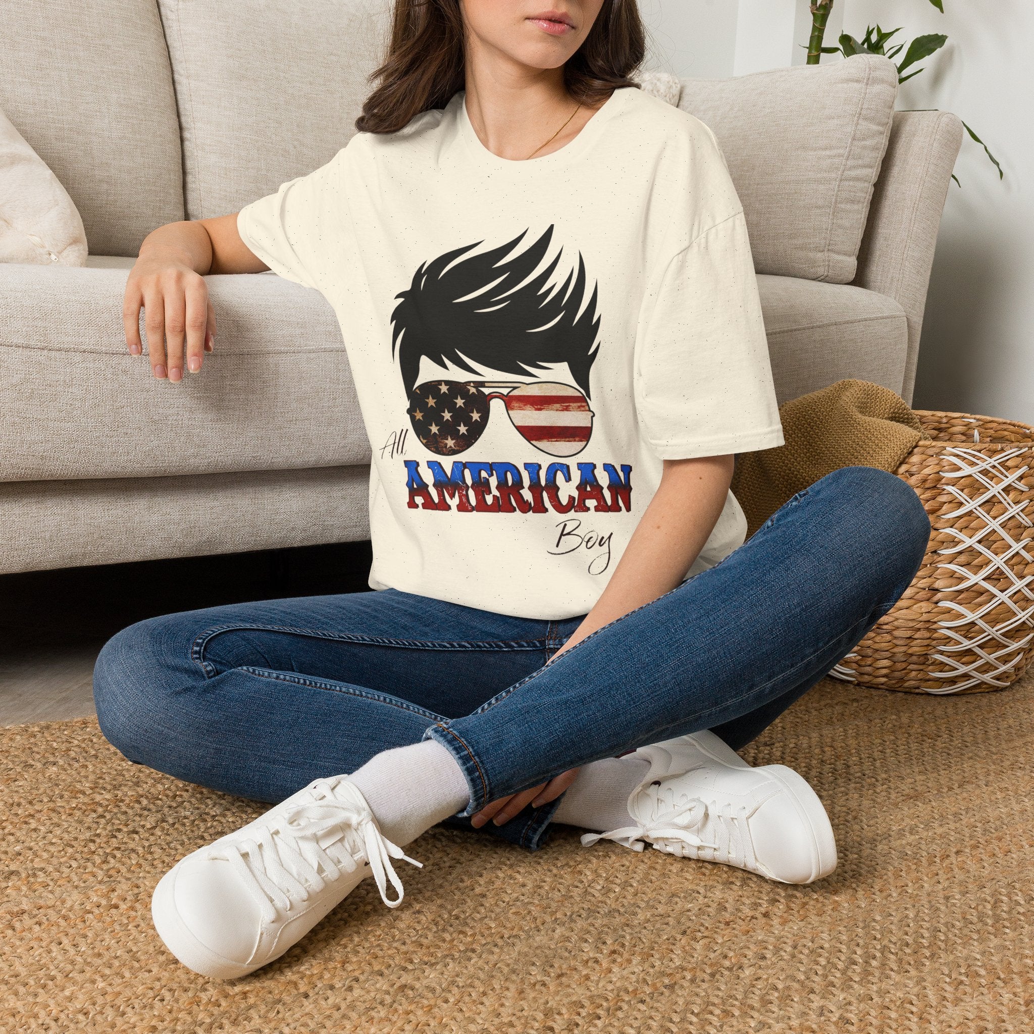 American Boy Graphic T-Shirt — Patriotic Sunglasses & Flag Hair Tee