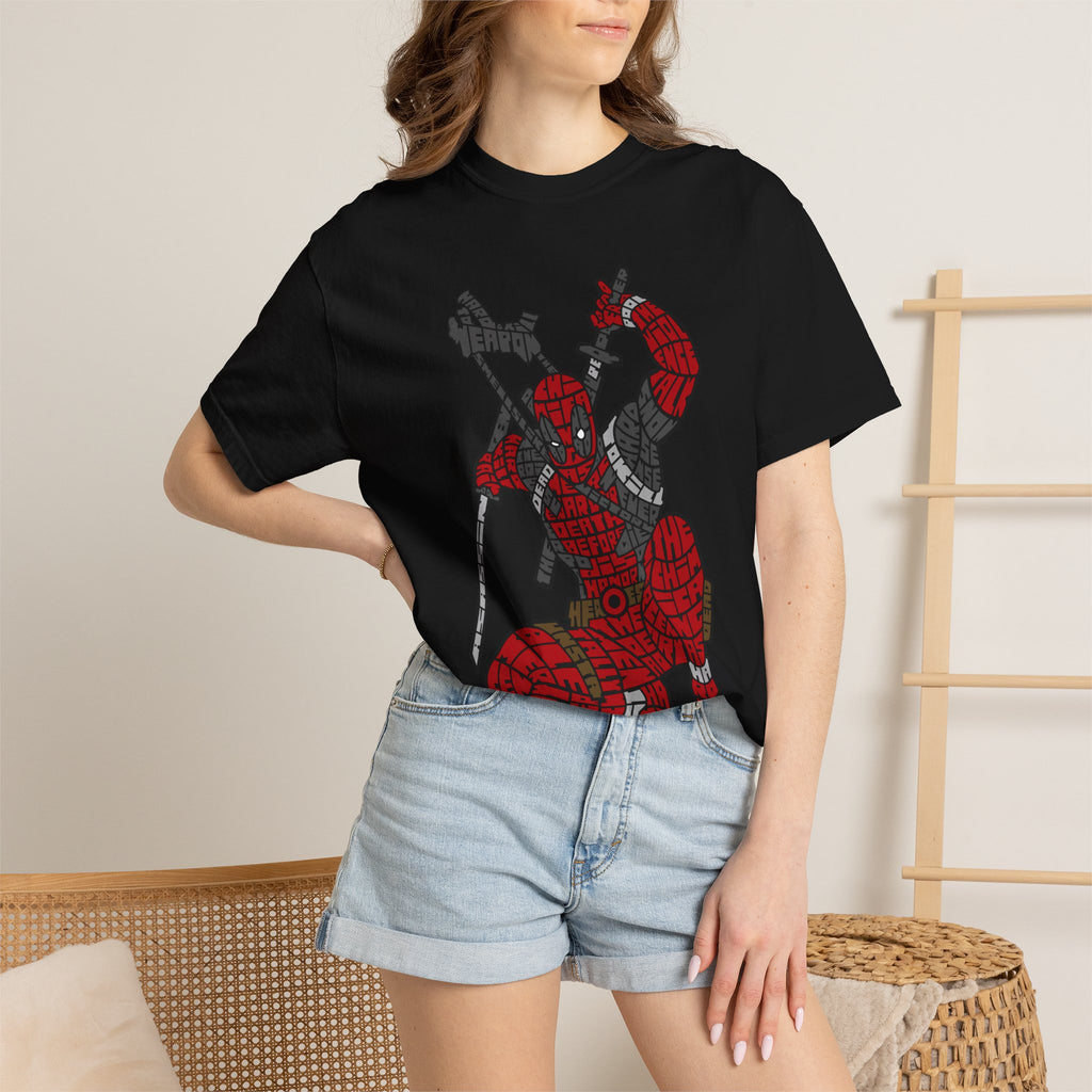 Graphic T-Shirt — Red Webbed Superhero Kneeling Illustration