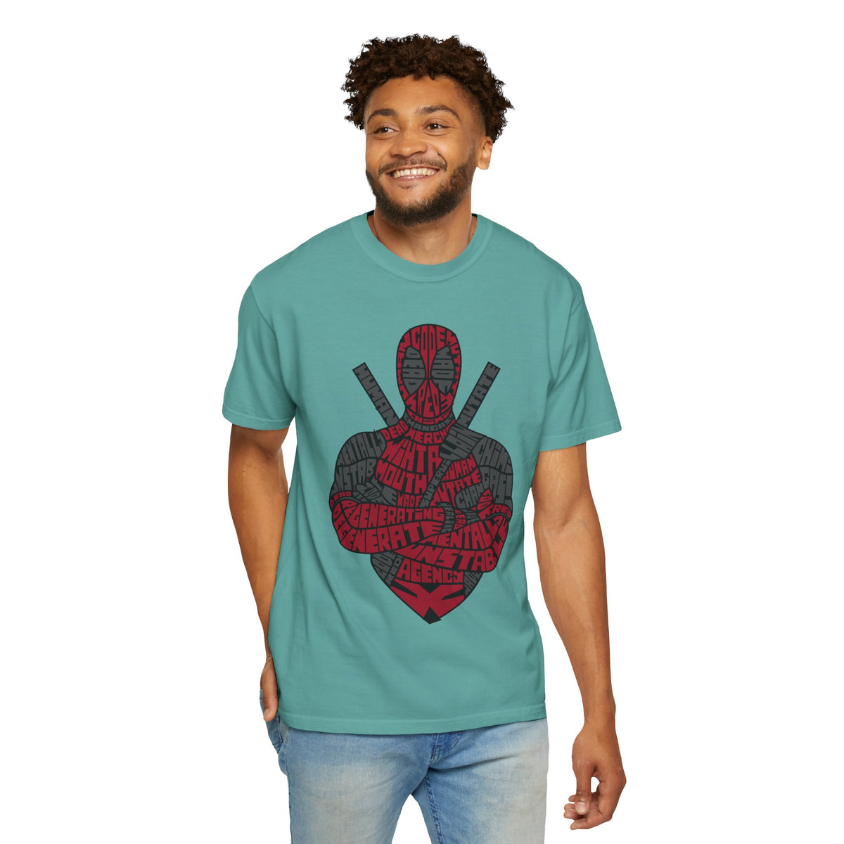Graphic T-Shirt — Red Text Portrait Superhero Design