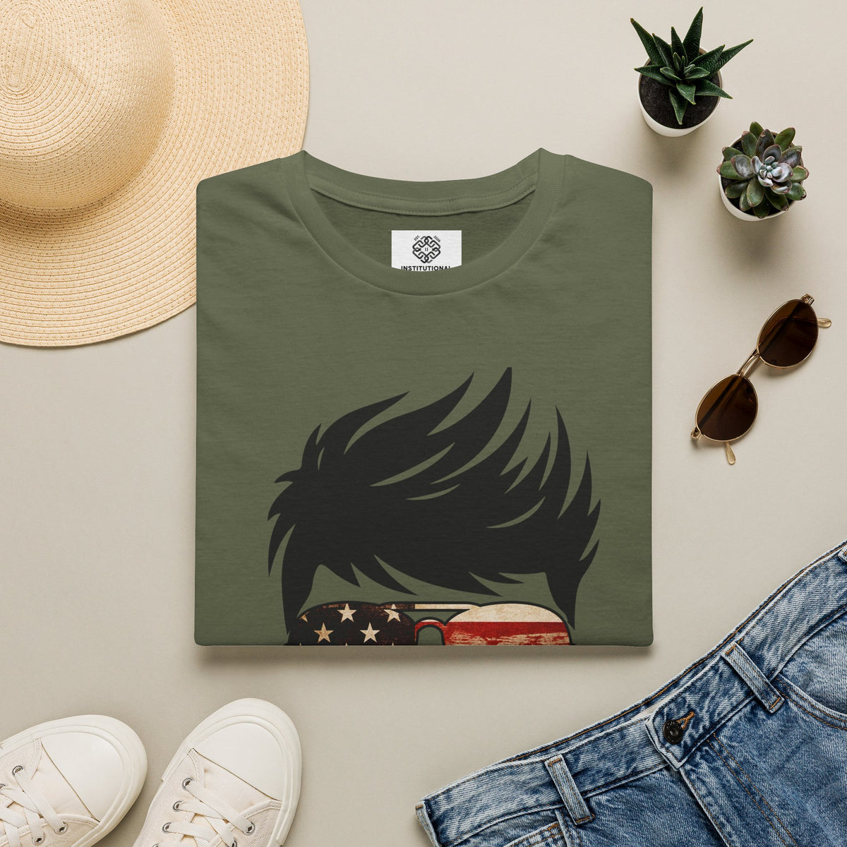 American Boy Graphic T-Shirt — Patriotic Sunglasses & Flag Hair Tee