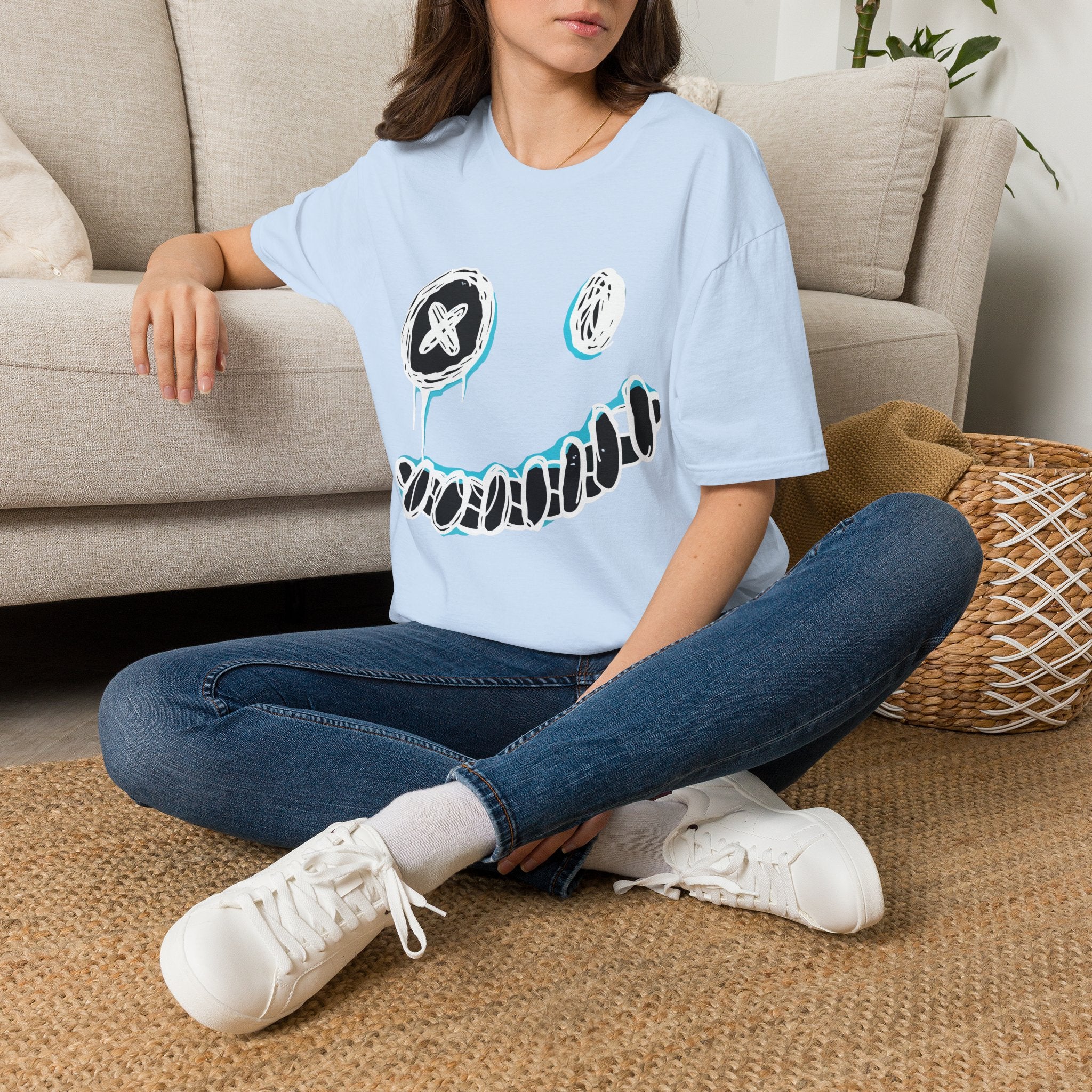 Smiley Face Graphic T‑Shirt — Neon Sketch Grin Design