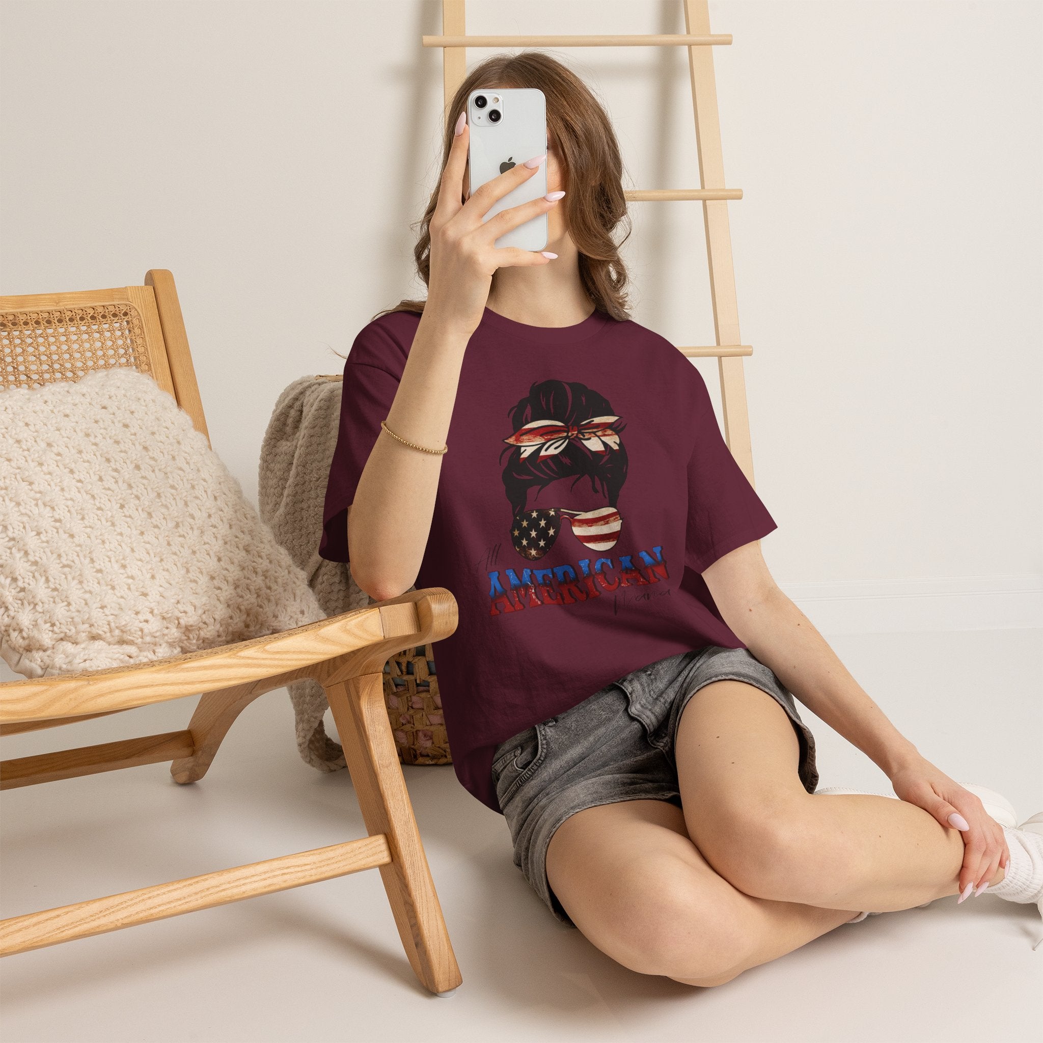 American Flag Messy Bun T-Shirt — "All American" Patriotic Tee