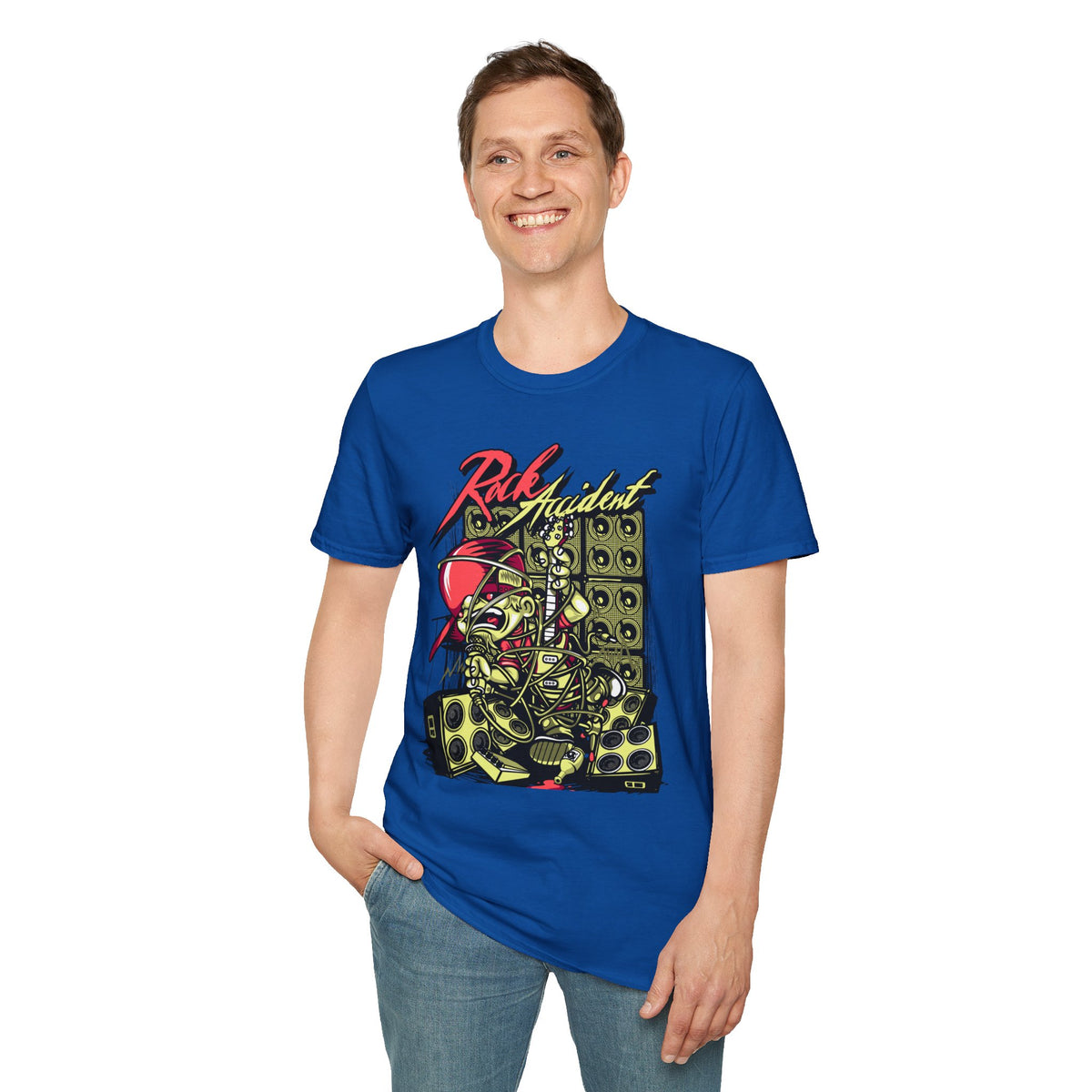 Rock Accident Graphic Tee — Retro Skull & Speakers Band Shirt