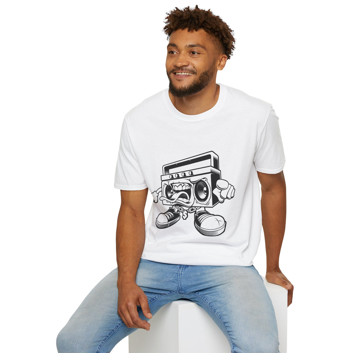Retro Boombox Character T-Shirt — Vintage Hip Hop Graphic Tee