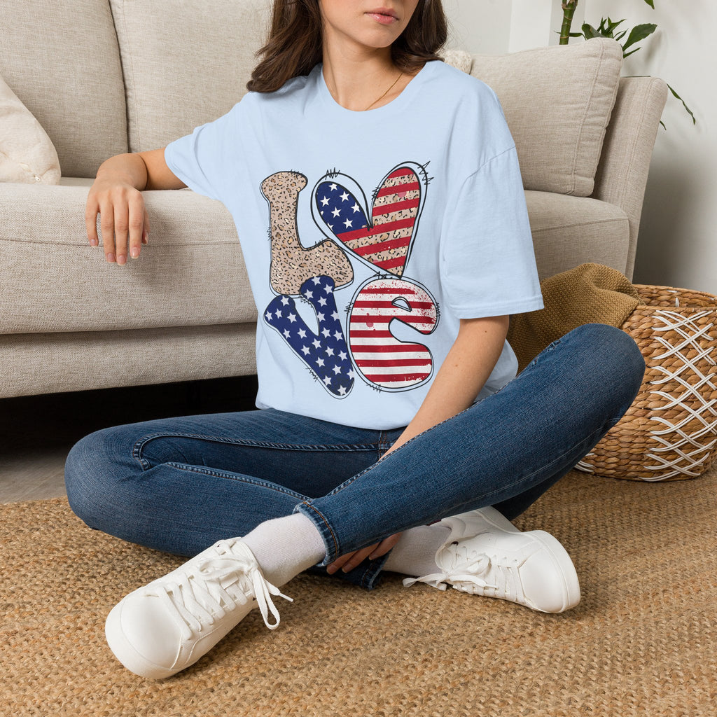 Patriotic LOVE Heart T-Shirt — American Flag & Leopard Print Graphic