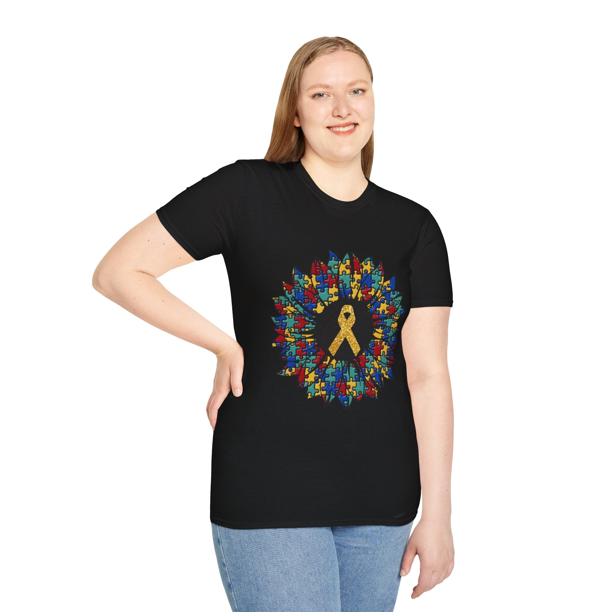 Autism Awareness Puzzle Sunflower T-Shirt – Gold Ribbon Support Tee