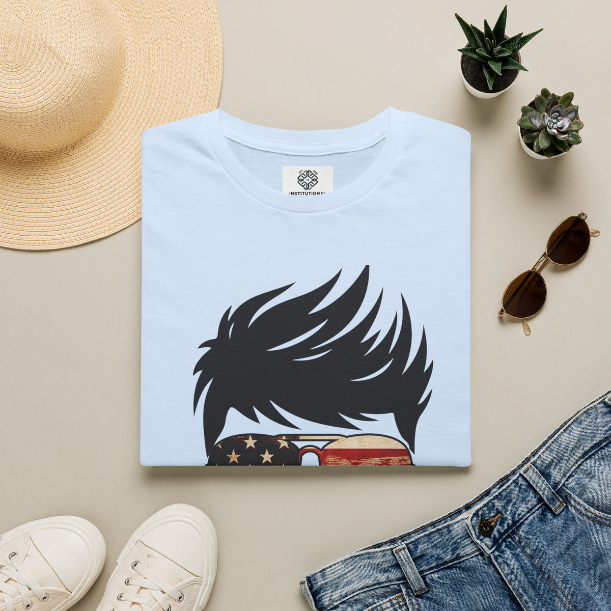 American Boy Graphic T-Shirt — Patriotic Sunglasses & Flag Hair Tee
