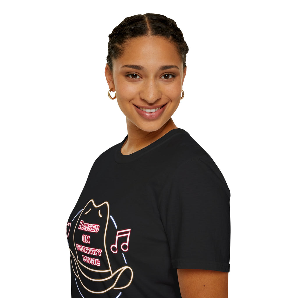 Raised on Country Cowboy Hat T-Shirt — Neon Music & Heart Graphic