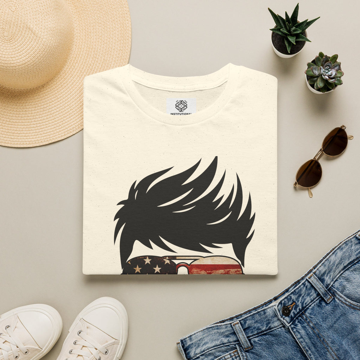 American Boy Graphic T-Shirt — Patriotic Sunglasses & Flag Hair Tee