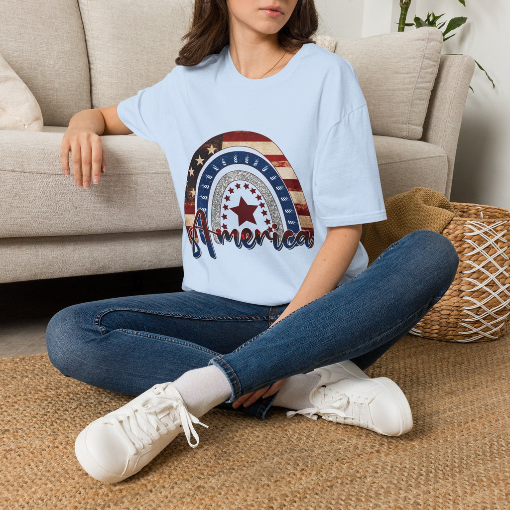 Patriotic American Rainbow T-Shirt — 'America' Stars & Stripes Graphic
