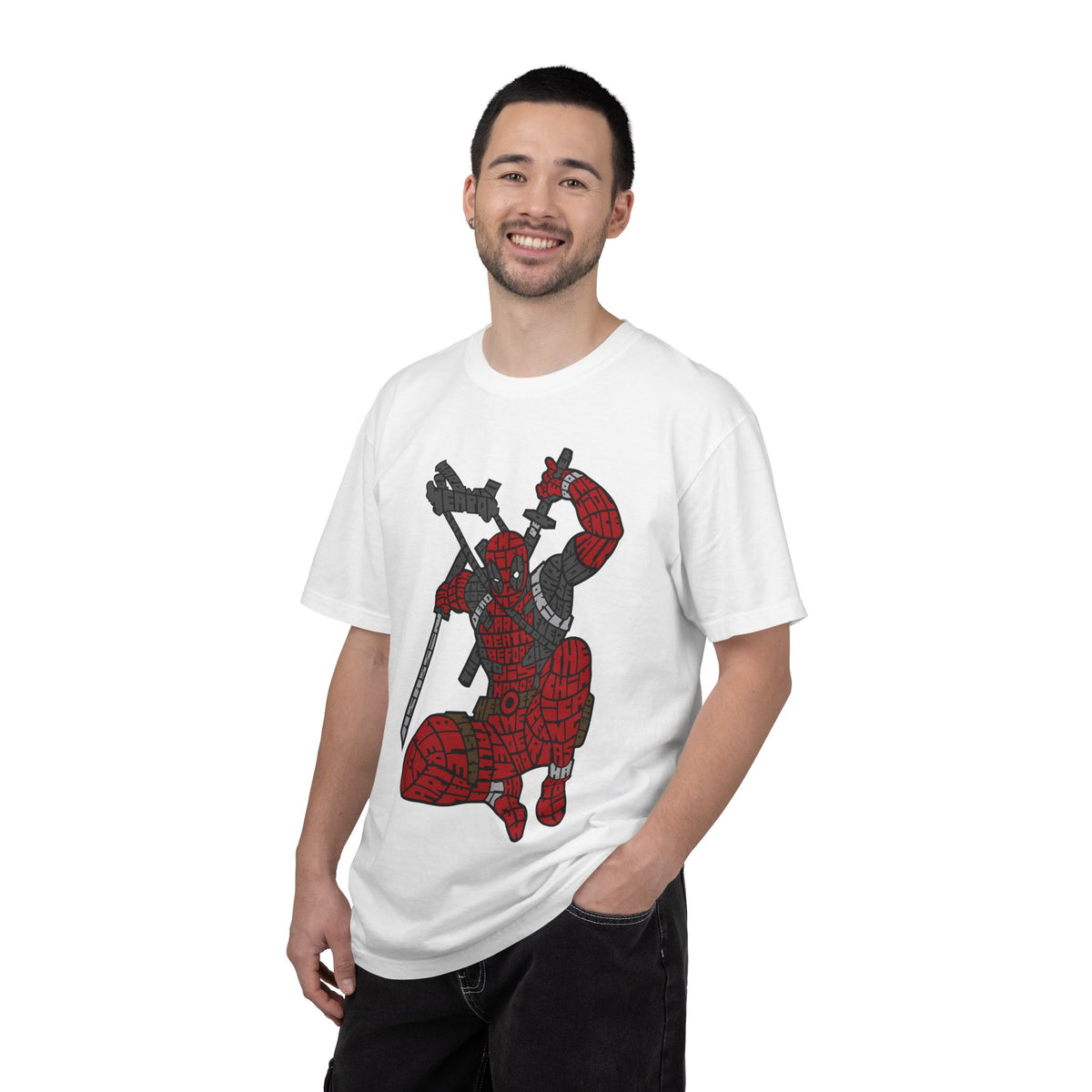 Graphic T-Shirt — Red Webbed Superhero Kneeling Illustration