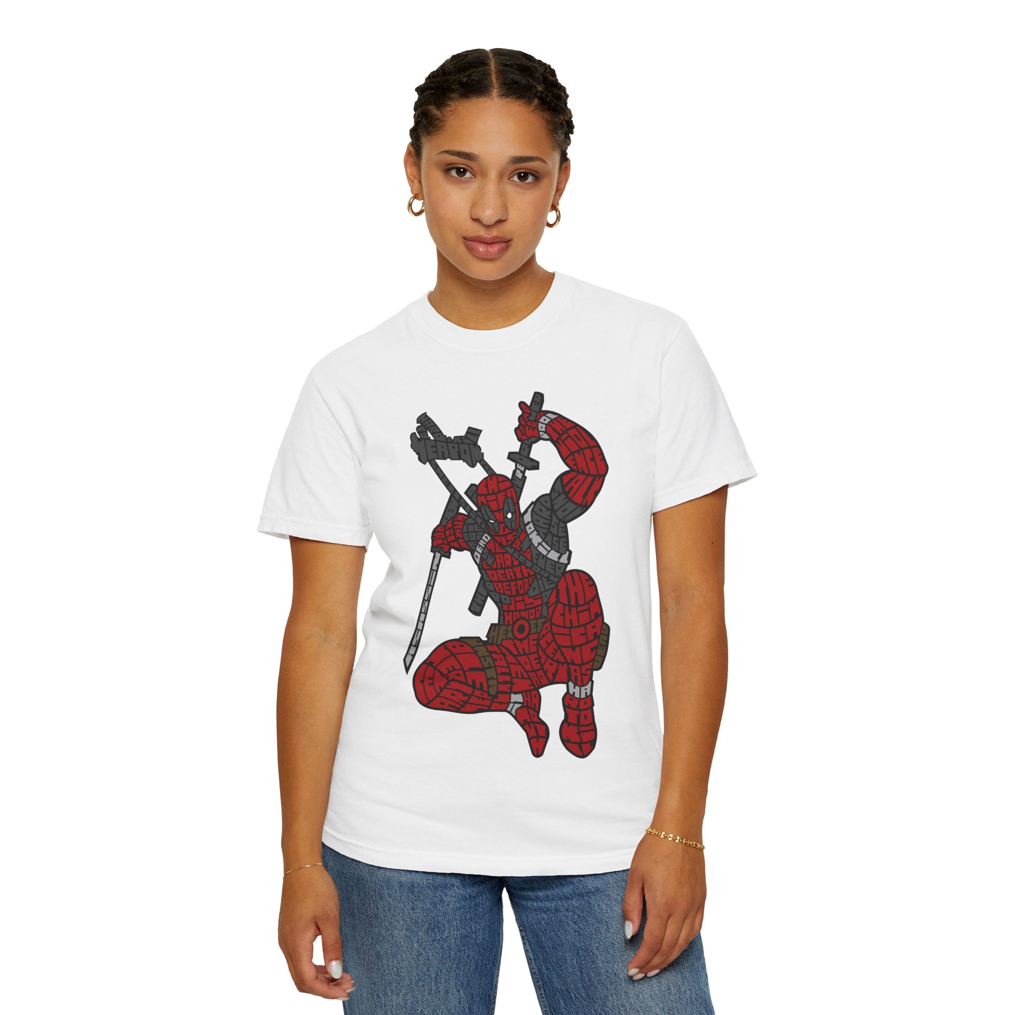 Graphic T-Shirt — Red Webbed Superhero Kneeling Illustration