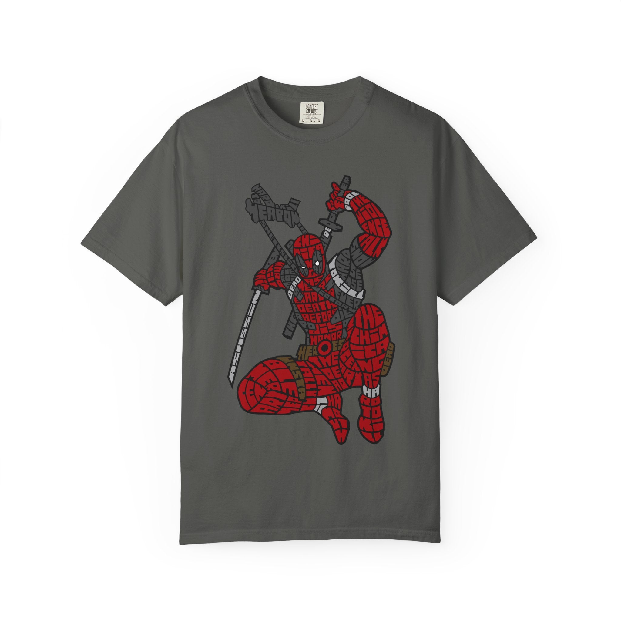 Graphic T-Shirt — Red Webbed Superhero Kneeling Illustration