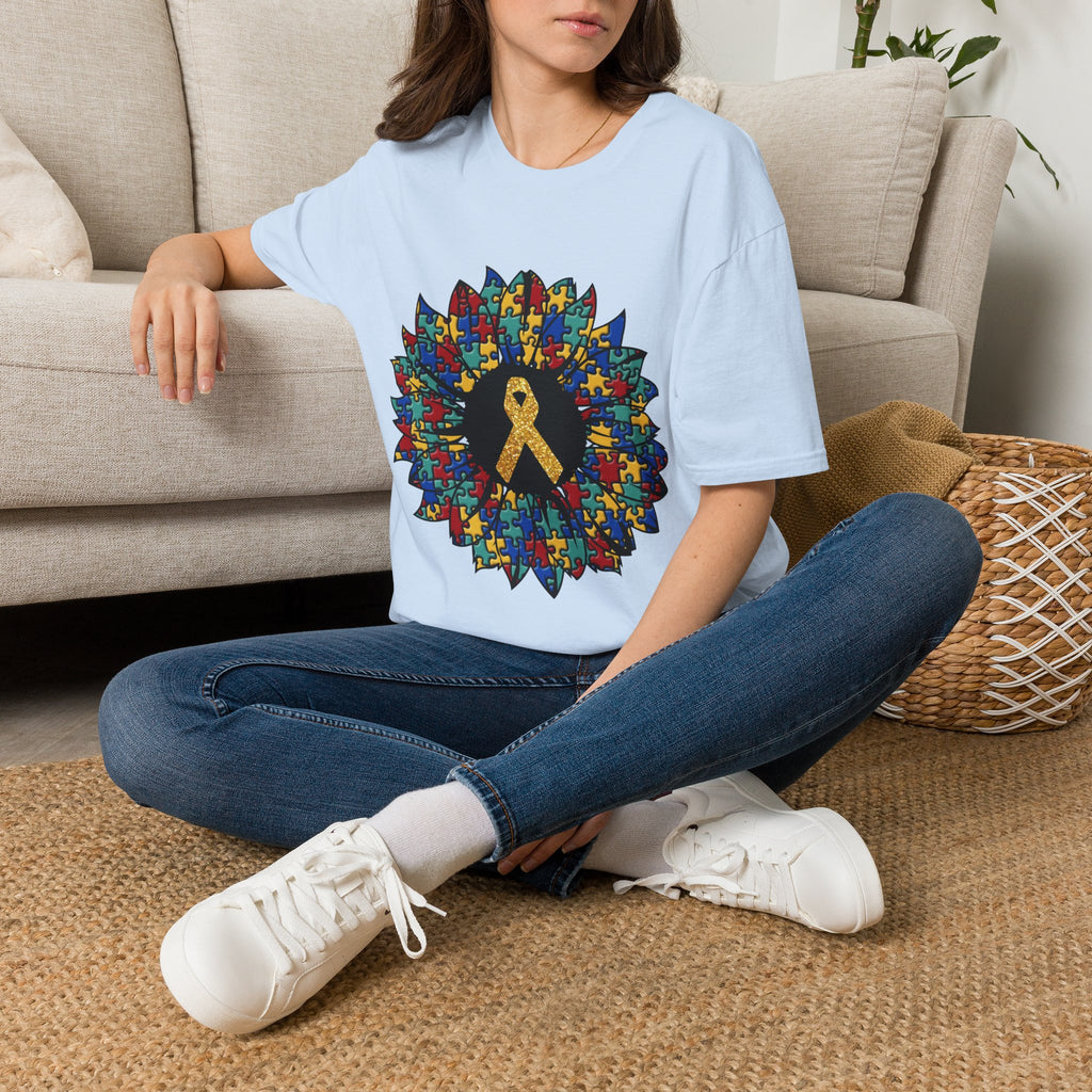 Autism Awareness Puzzle Sunflower T-Shirt – Gold Ribbon Support Tee