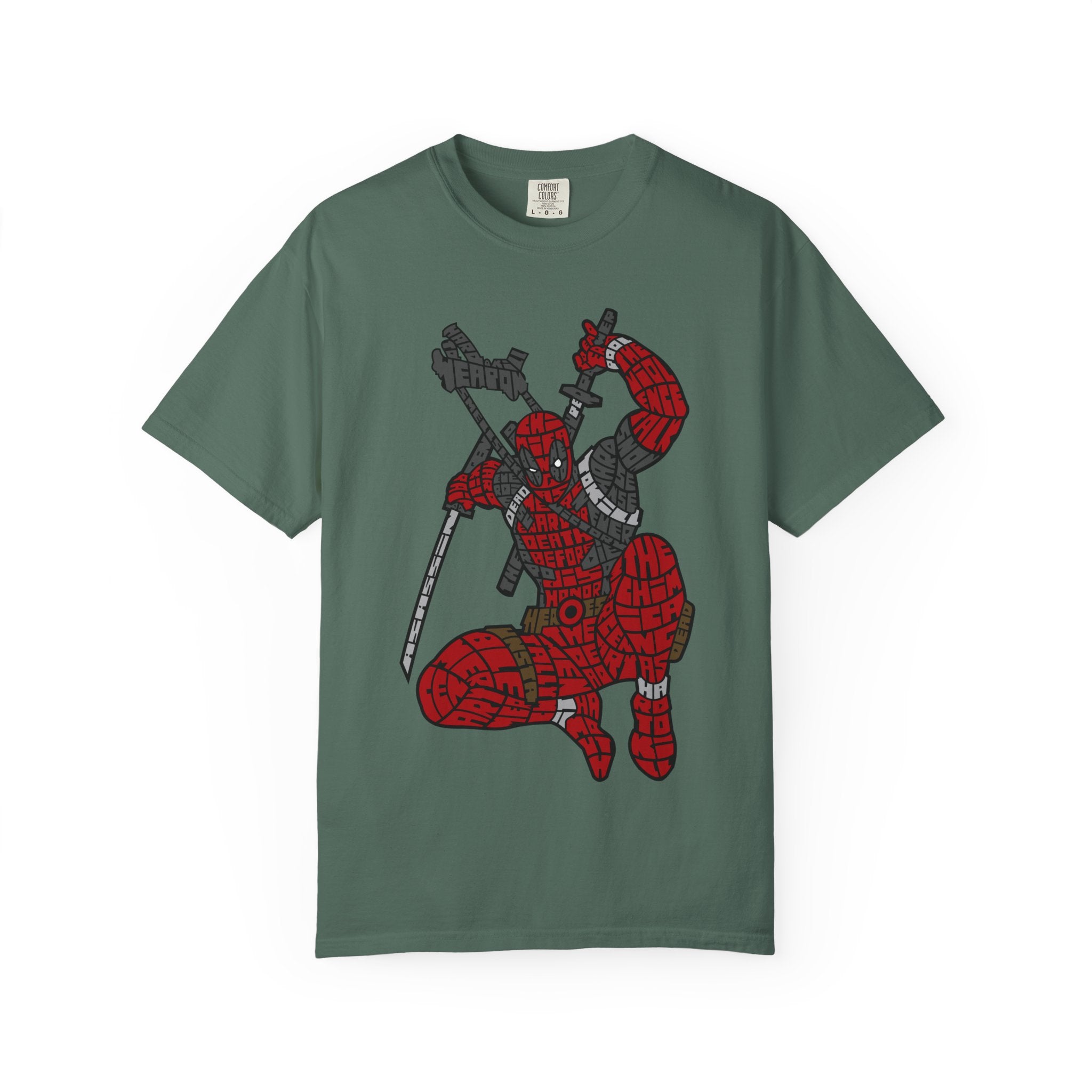 Graphic T-Shirt — Red Webbed Superhero Kneeling Illustration