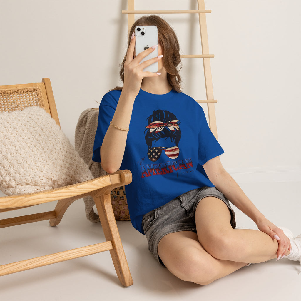 American Flag Messy Bun T-Shirt — "All American" Patriotic Tee