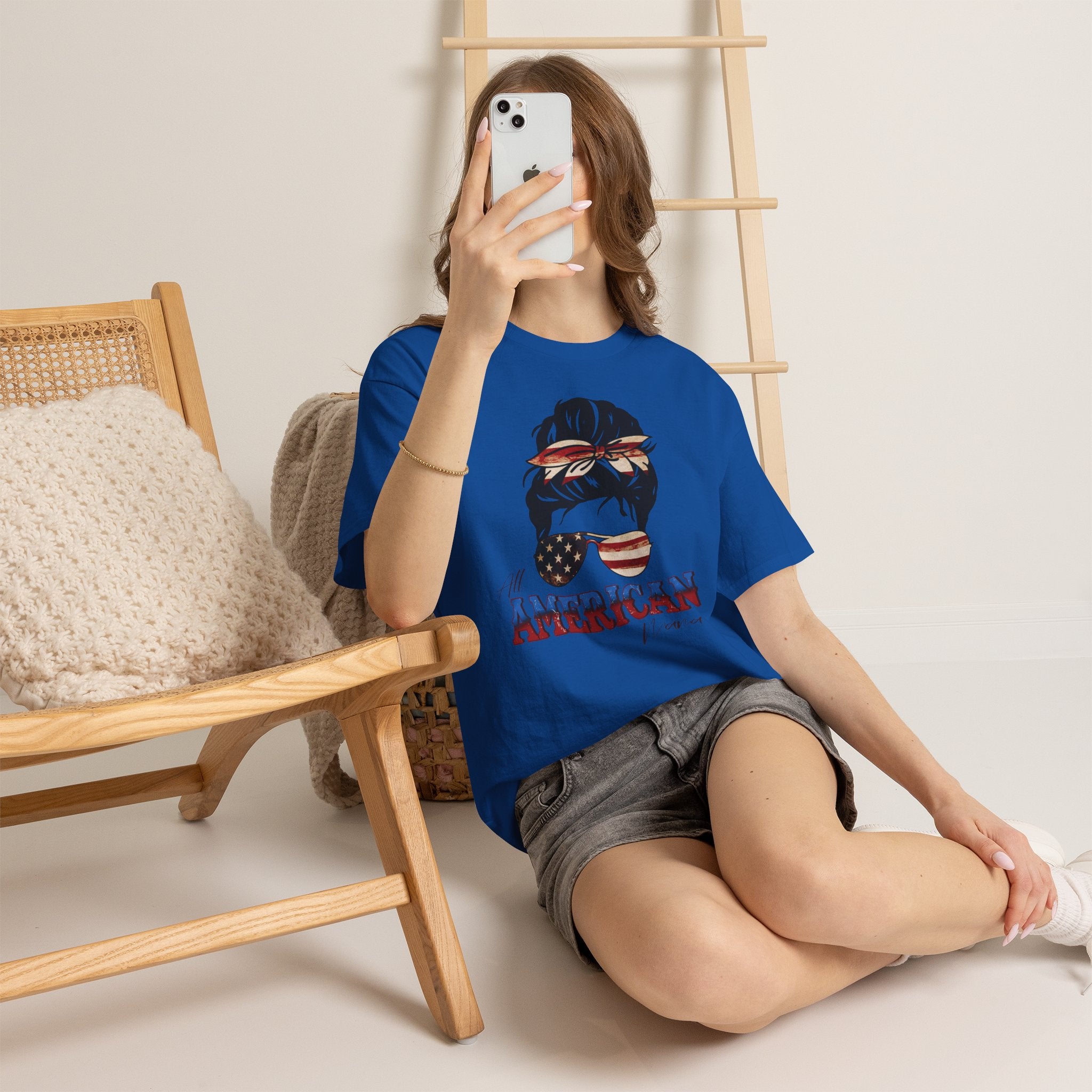 American Flag Messy Bun T-Shirt — "All American" Patriotic Tee