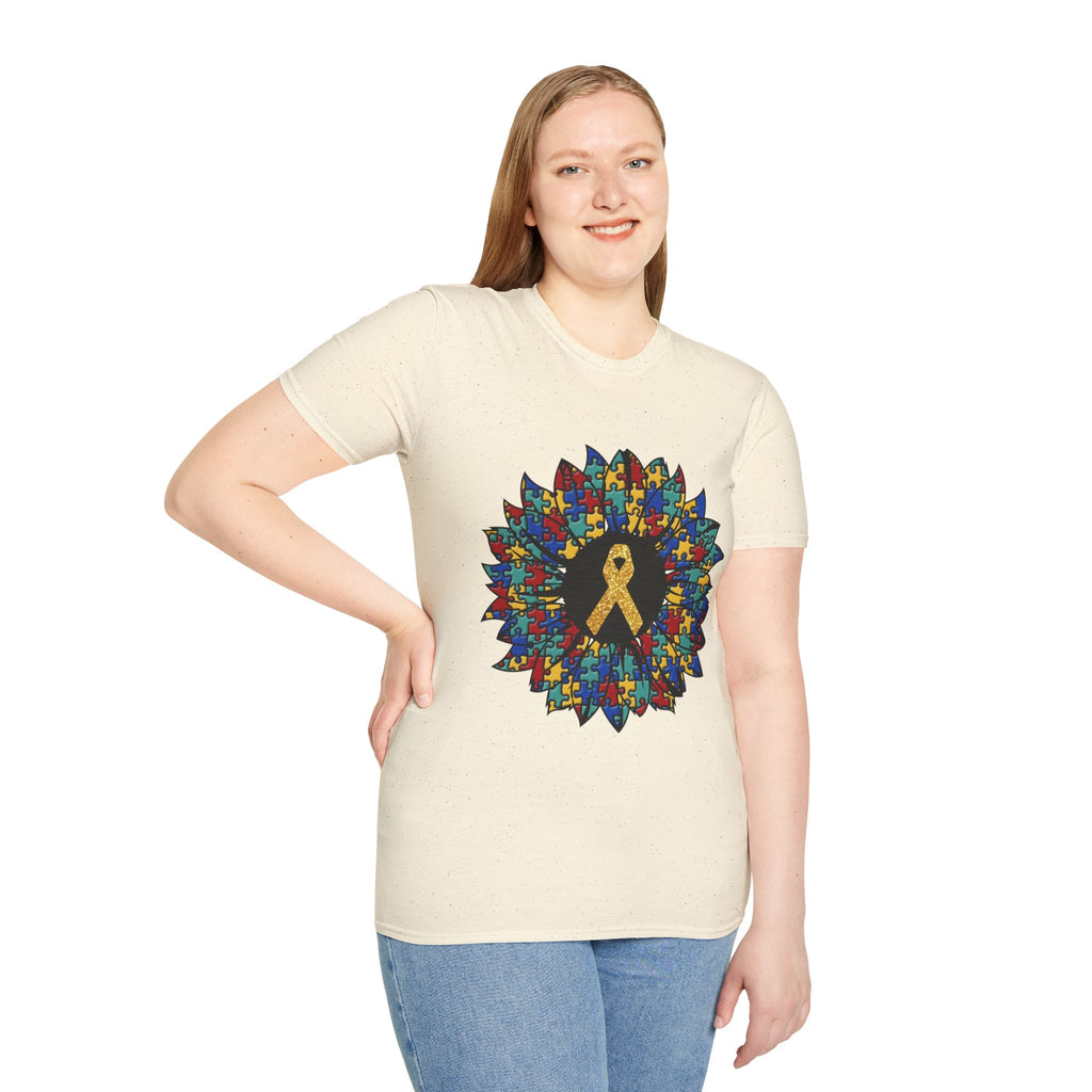 Autism Awareness Puzzle Sunflower T-Shirt – Gold Ribbon Support Tee