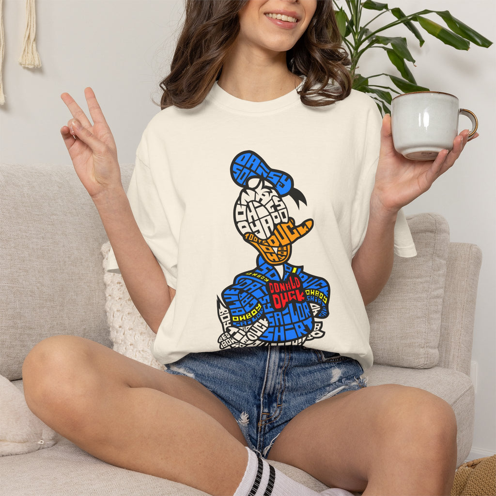 Graphic T‑Shirt — Colorblock Word Art Cartoon Duck Design