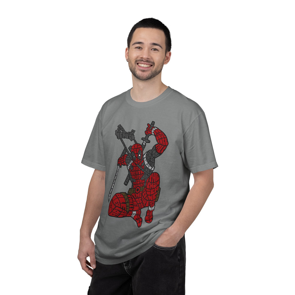 Graphic T-Shirt — Red Webbed Superhero Kneeling Illustration