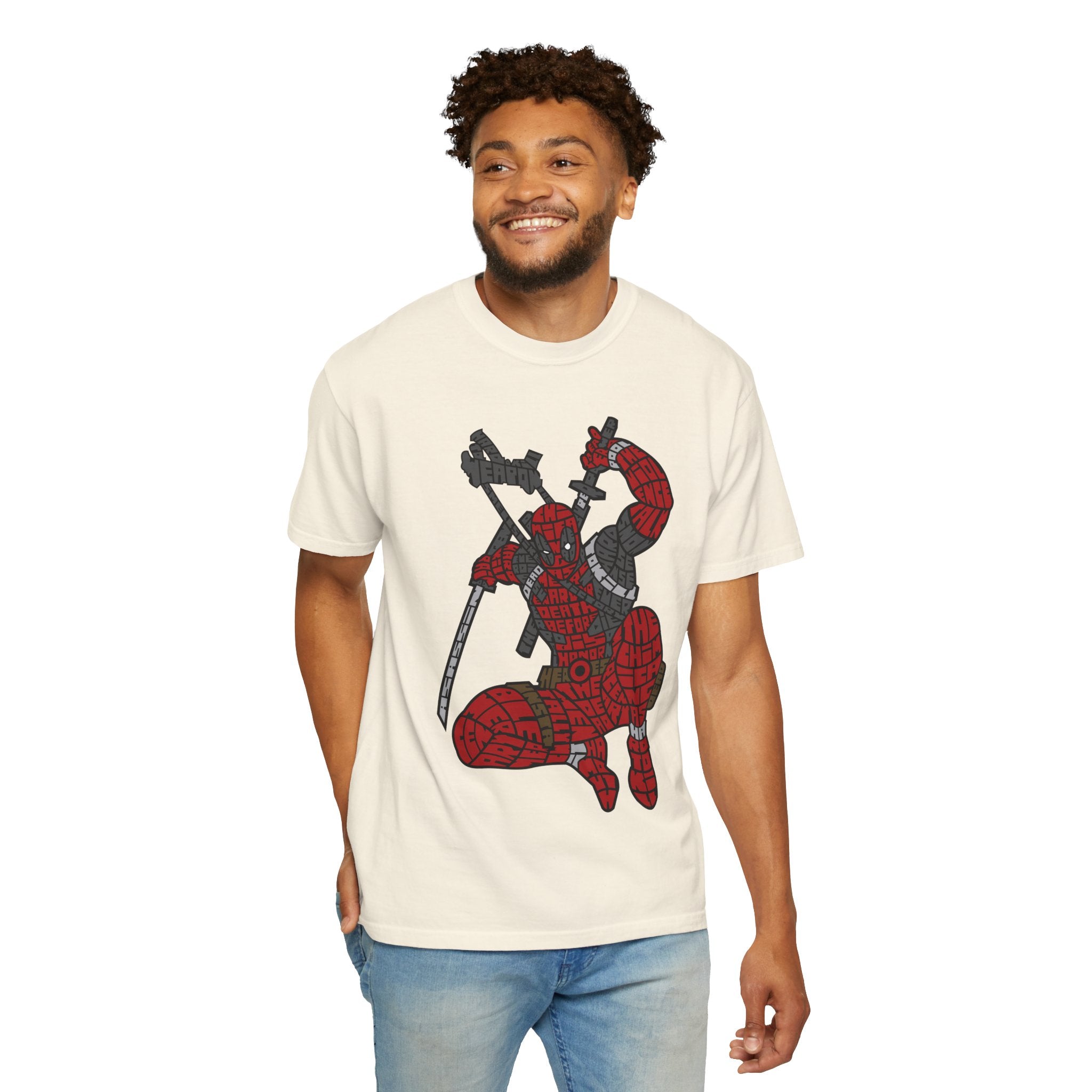 Graphic T-Shirt — Red Webbed Superhero Kneeling Illustration