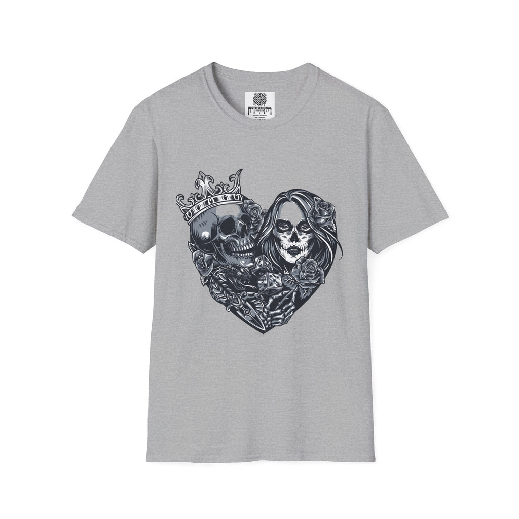 Skull King & Queen Heart T-Shirt — Gothic Day of the Dead Couple Tee
