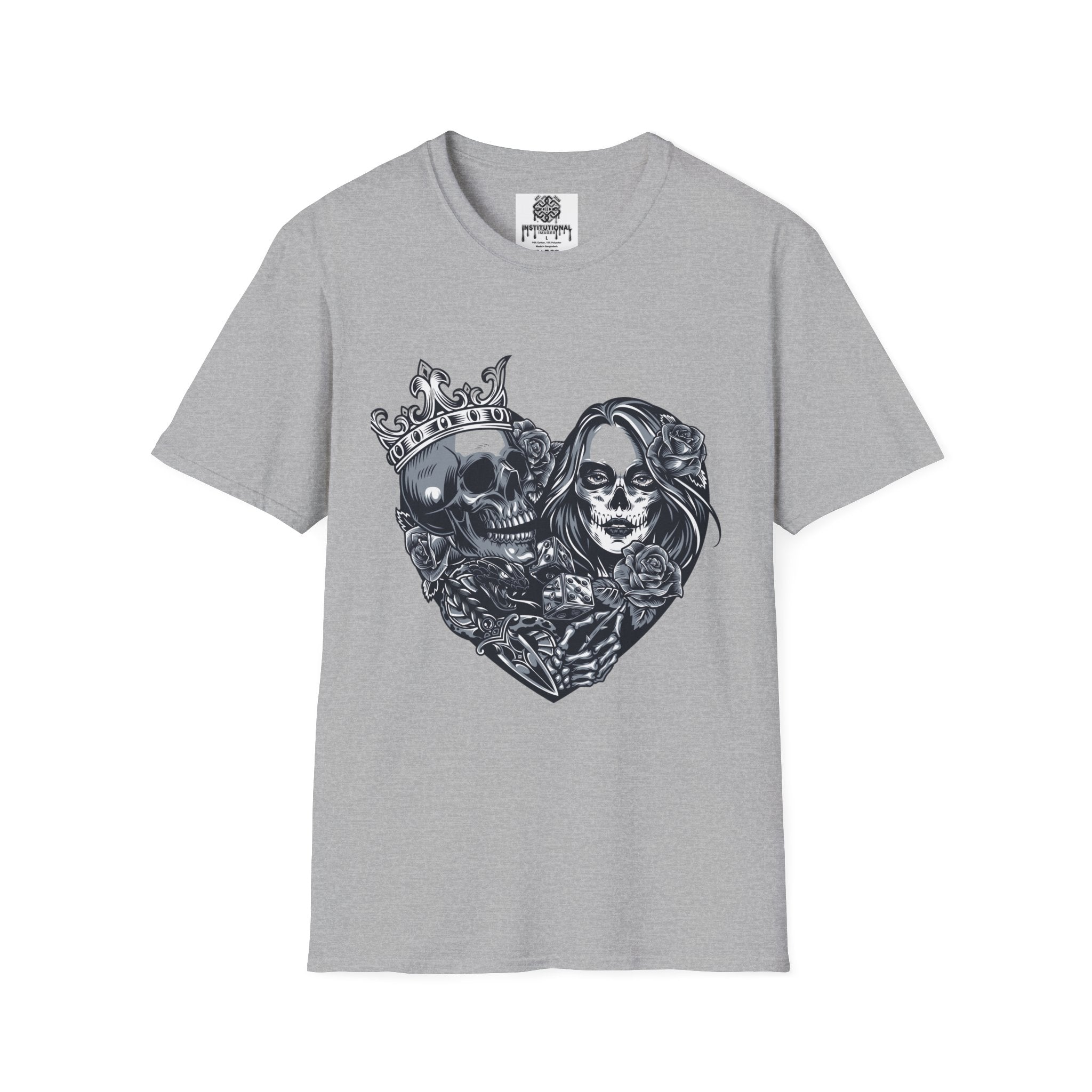 Skull King & Queen Heart T-Shirt — Gothic Day of the Dead Couple Tee