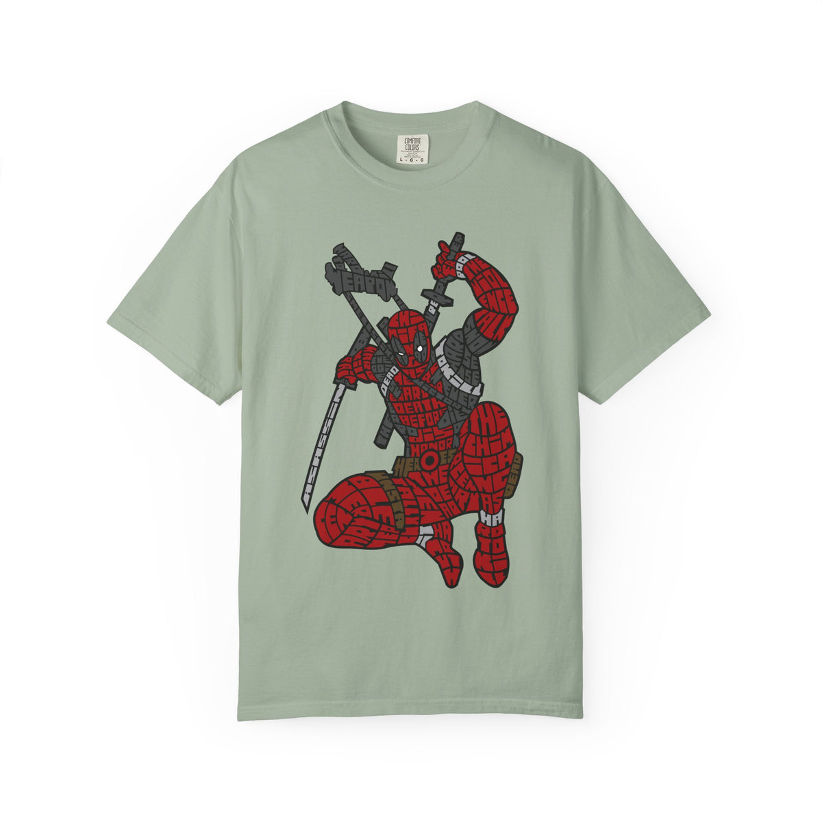 Graphic T-Shirt — Red Webbed Superhero Kneeling Illustration
