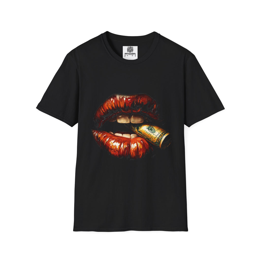 Bullet Lip Graphic T‑Shirt — Red Glossy Lips Biting Bullet Streetwear Tee