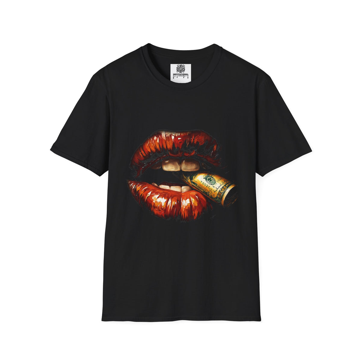 Bullet Lip Graphic T‑Shirt — Red Glossy Lips Biting Bullet Streetwear Tee