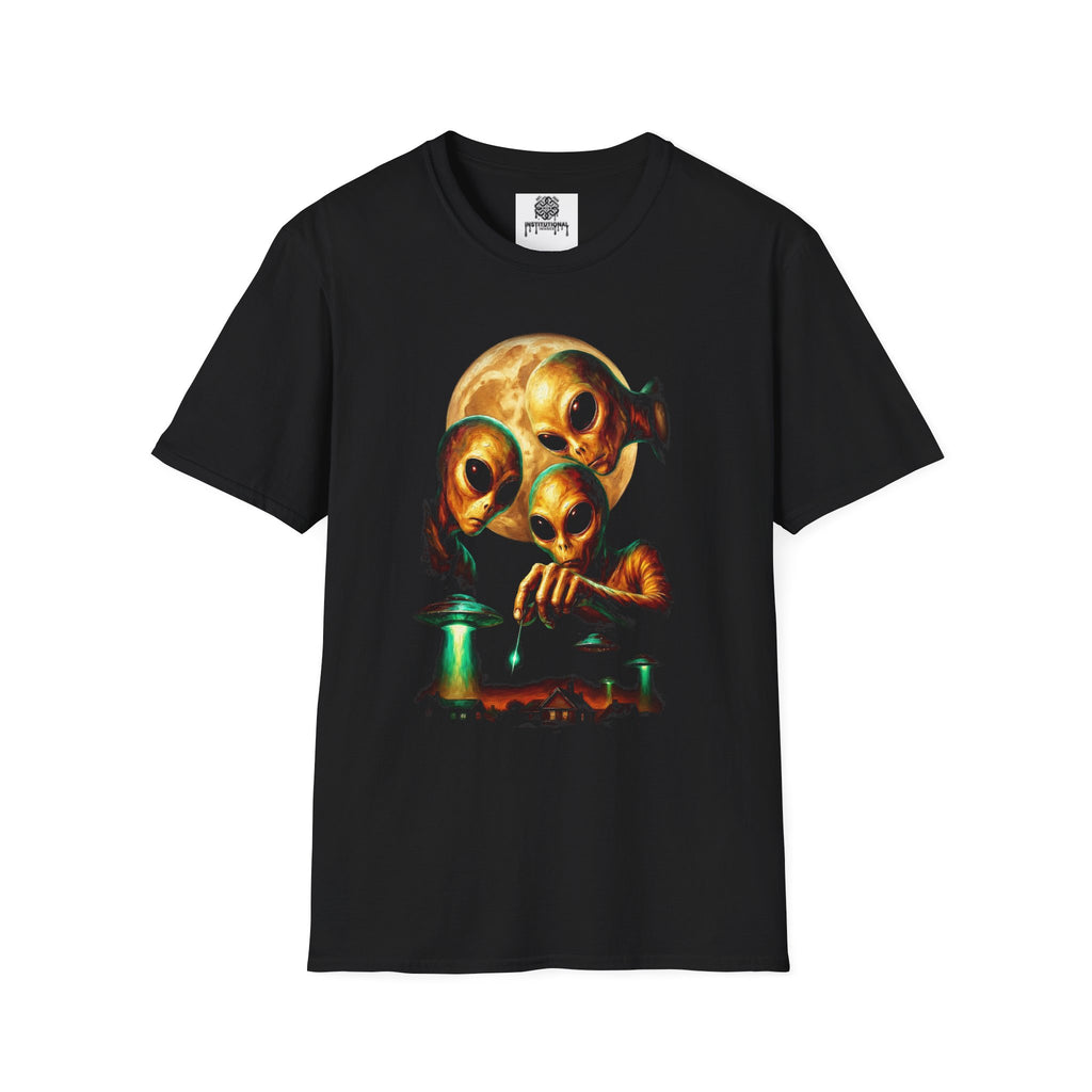 Alien Family Graphic Tee — Retro UFO Moon Illustration T-Shirt