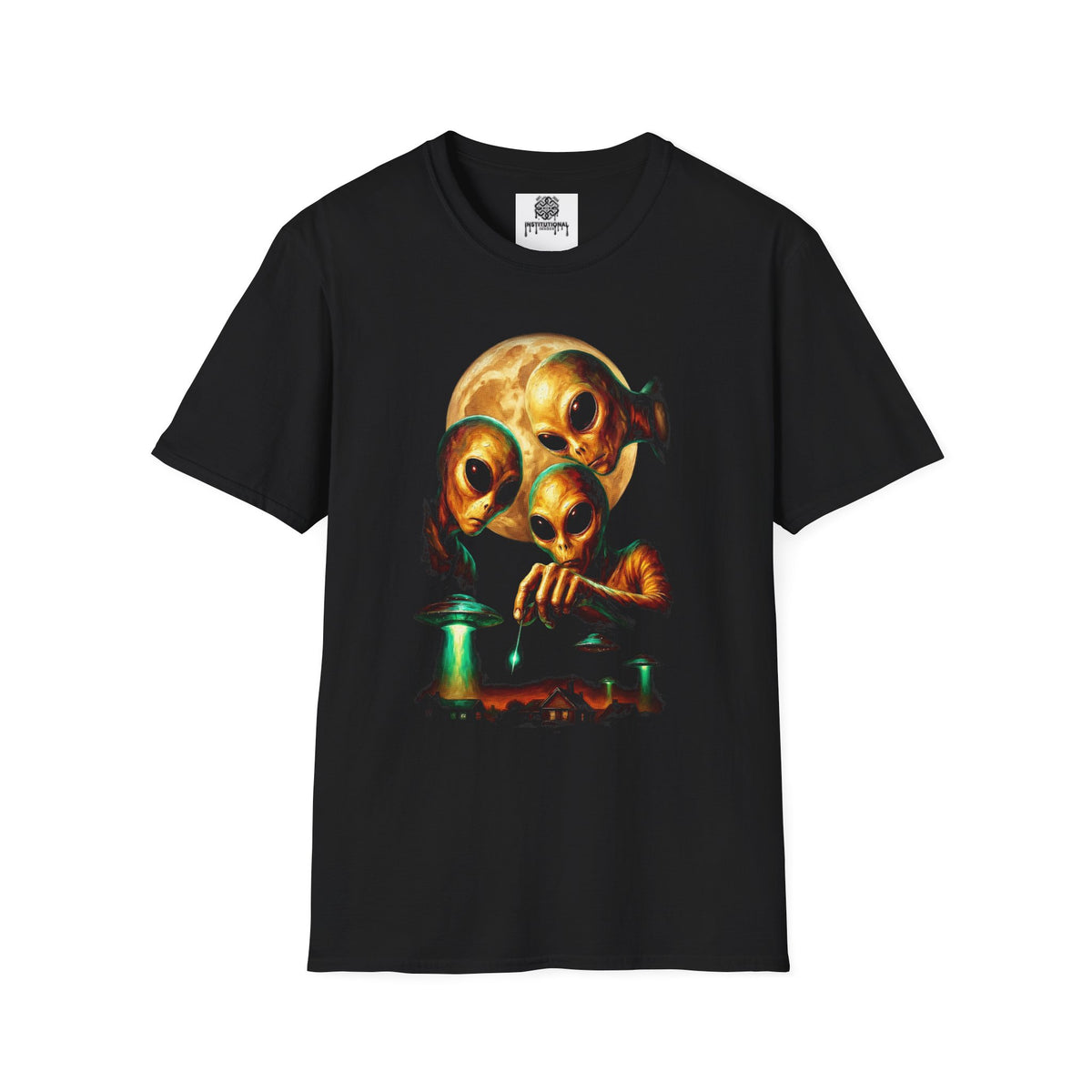 Alien Family Graphic Tee — Retro UFO Moon Illustration T-Shirt
