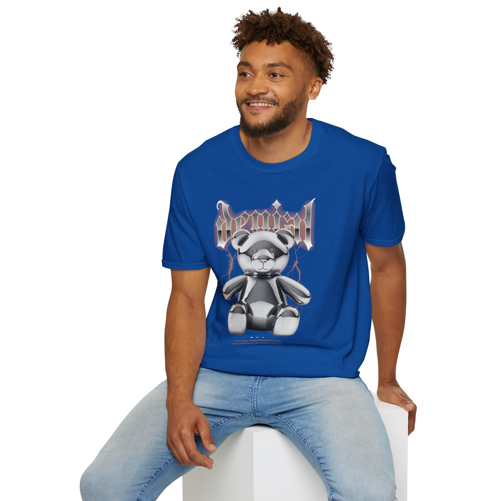 Denial Bear Graphic T-Shirt — Edgy Metallic Teddy Tee