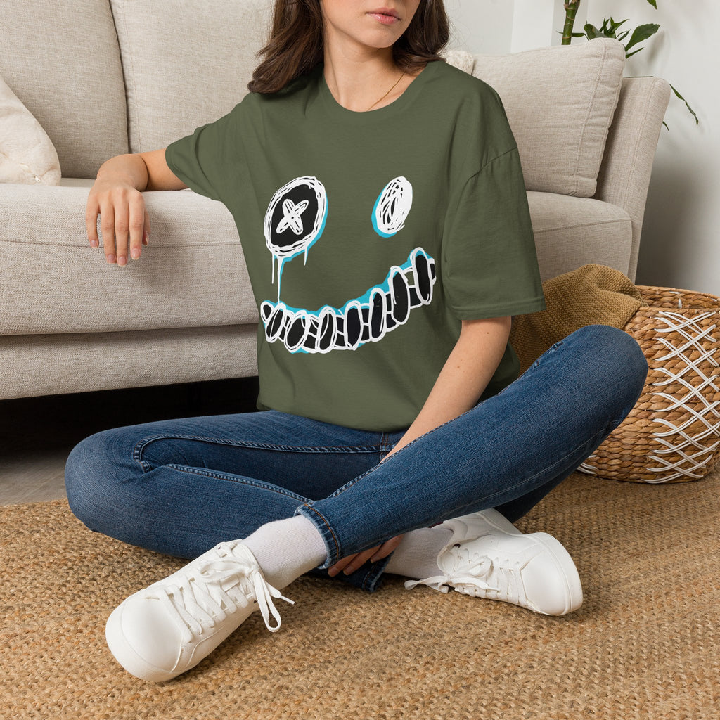 Smiley Face Graphic T‑Shirt — Neon Sketch Grin Design