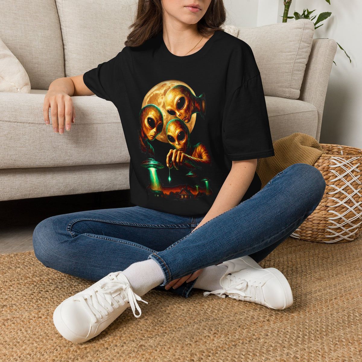 Alien Family Graphic Tee — Retro UFO Moon Illustration T-Shirt