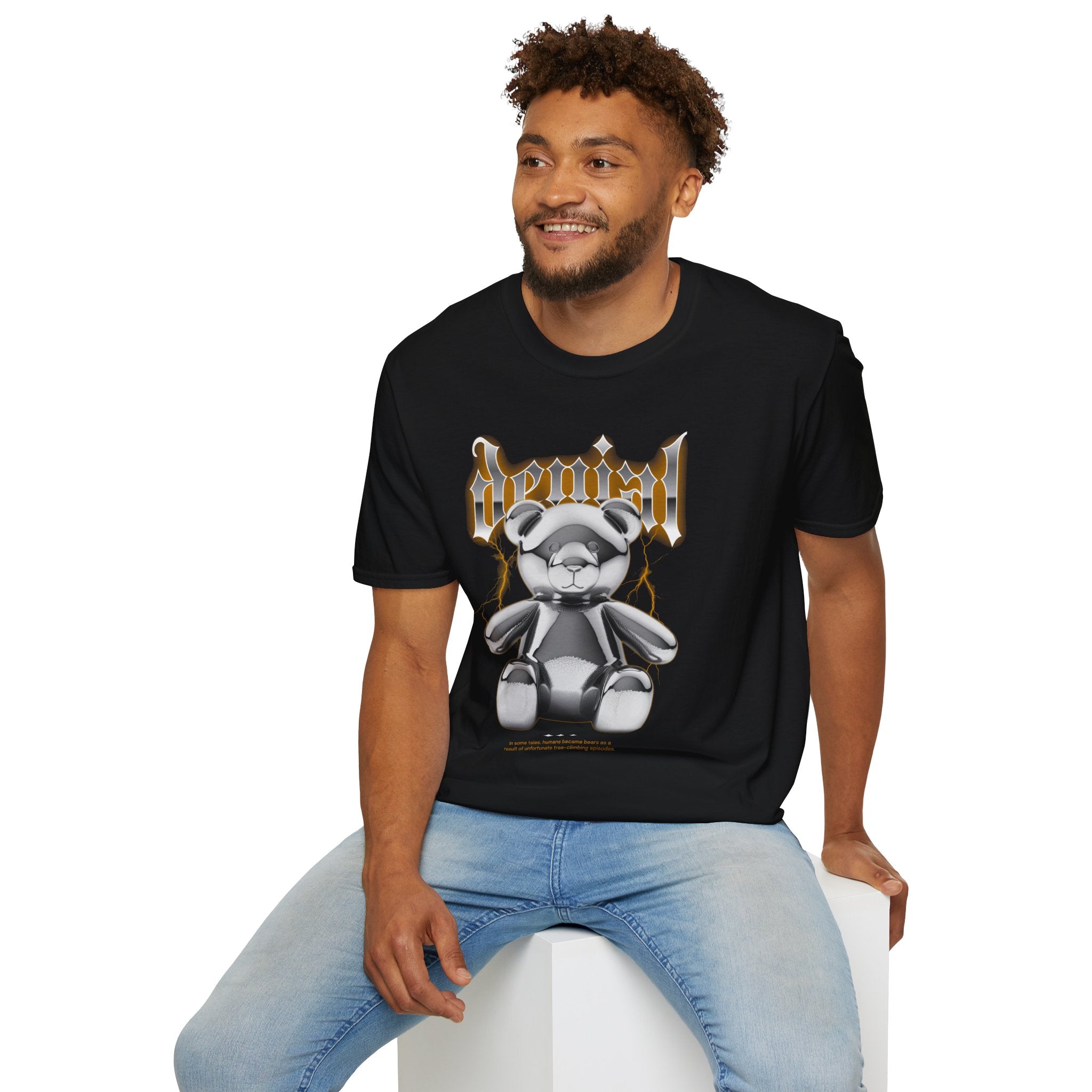 Denial Bear Graphic T-Shirt — Edgy Metallic Teddy Tee