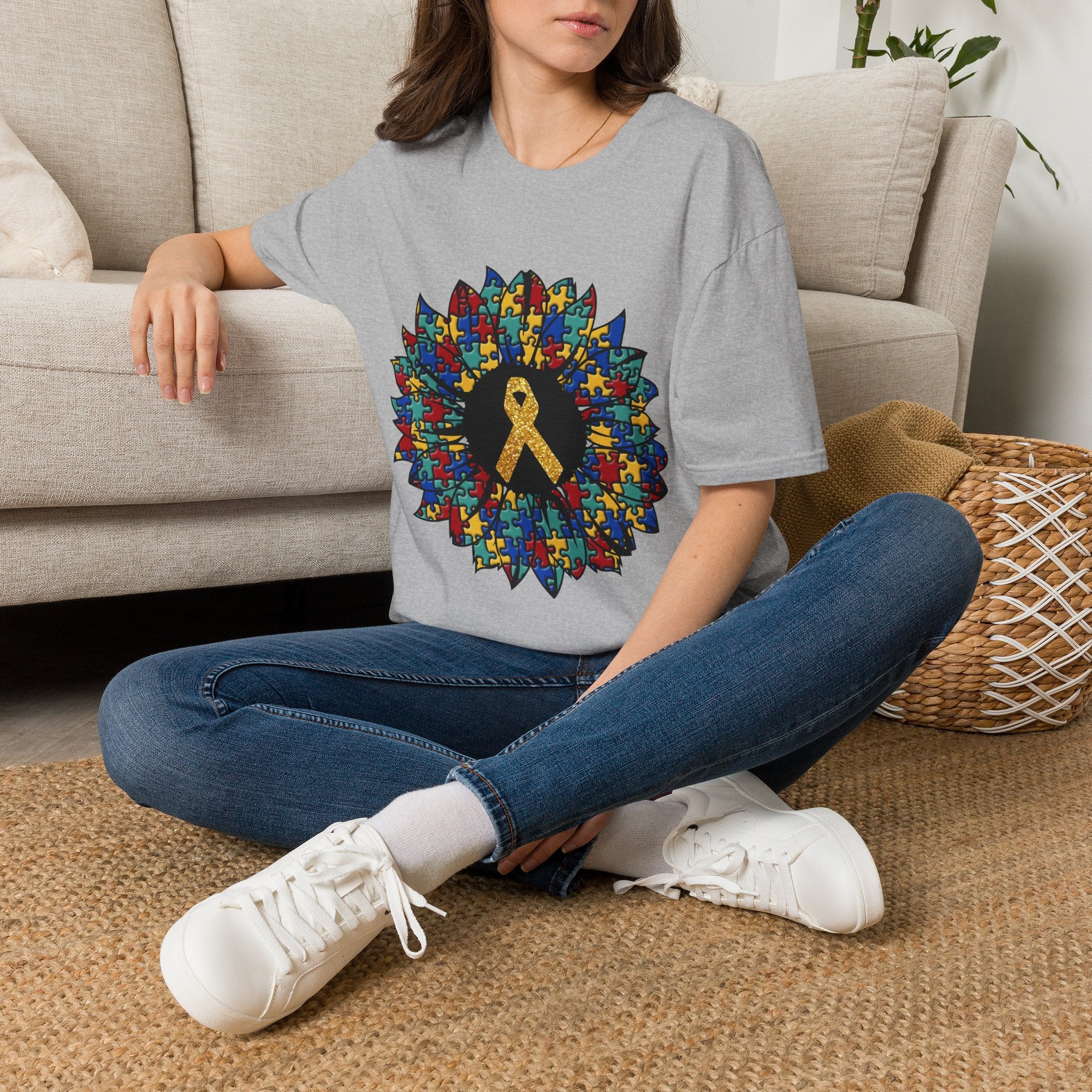 Autism Awareness Puzzle Sunflower T-Shirt – Gold Ribbon Support Tee
