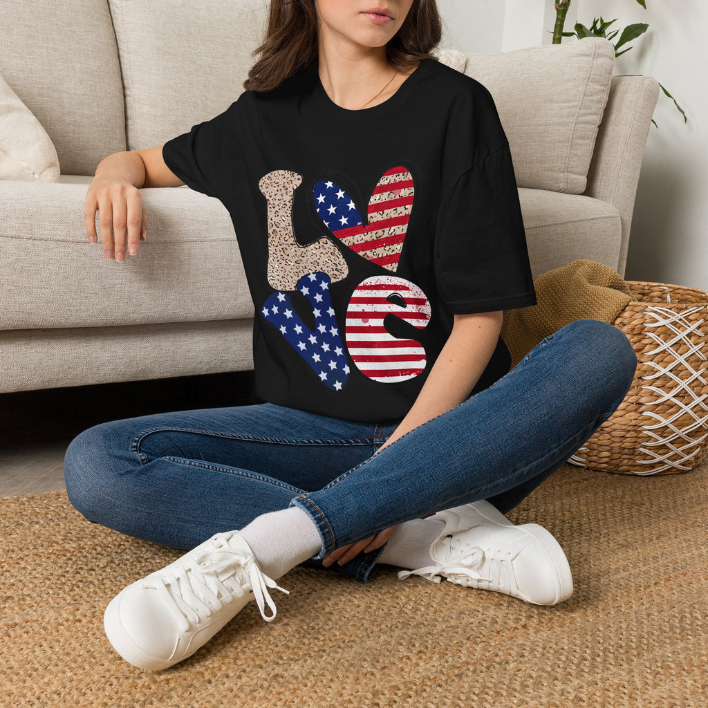 Patriotic LOVE Heart T-Shirt — American Flag & Leopard Print Graphic