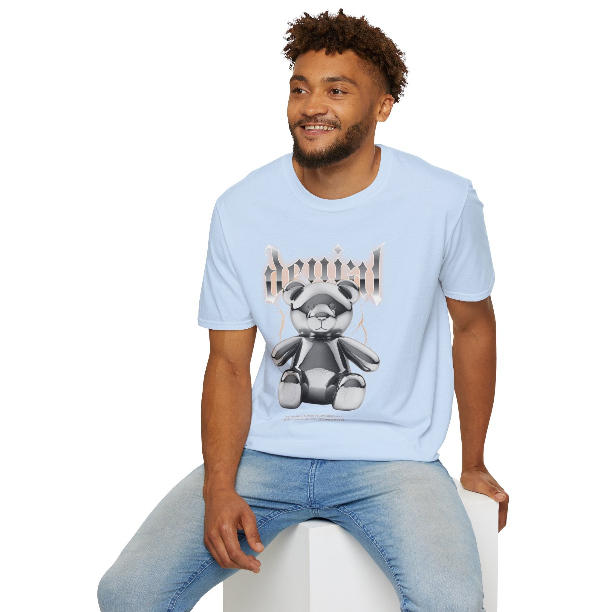 Denial Bear Graphic T-Shirt — Edgy Metallic Teddy Tee