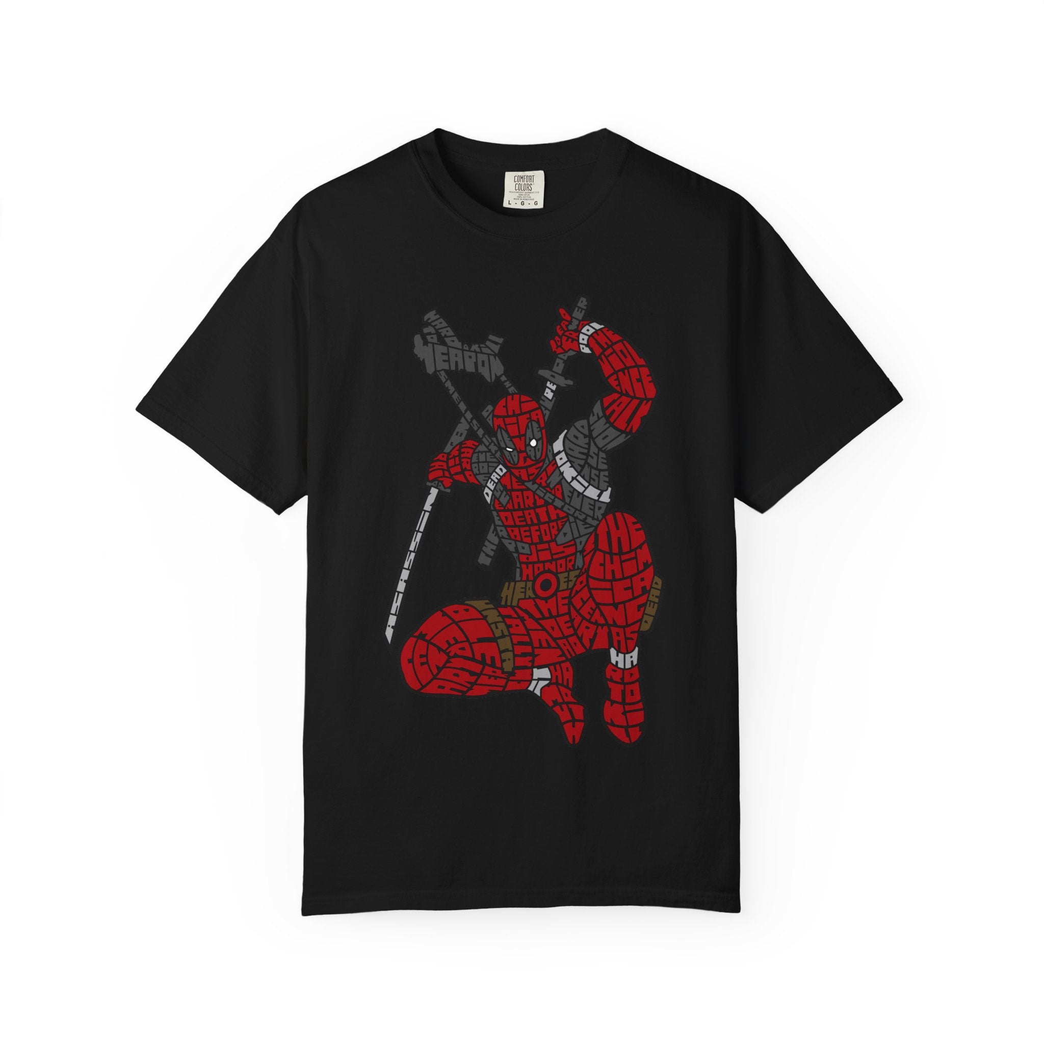 Graphic T-Shirt — Red Webbed Superhero Kneeling Illustration