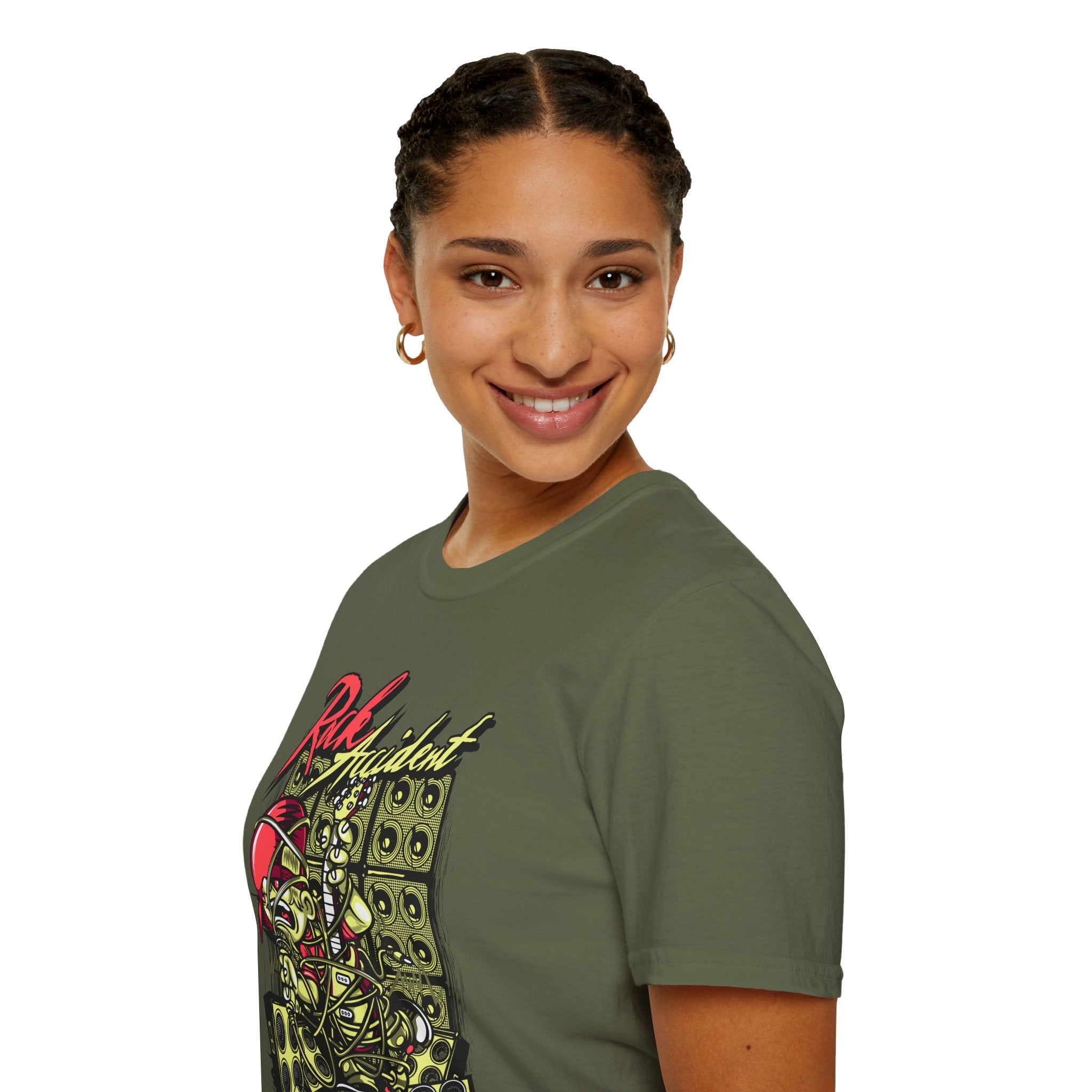 Rock Accident Graphic Tee — Retro Skull & Speakers Band Shirt