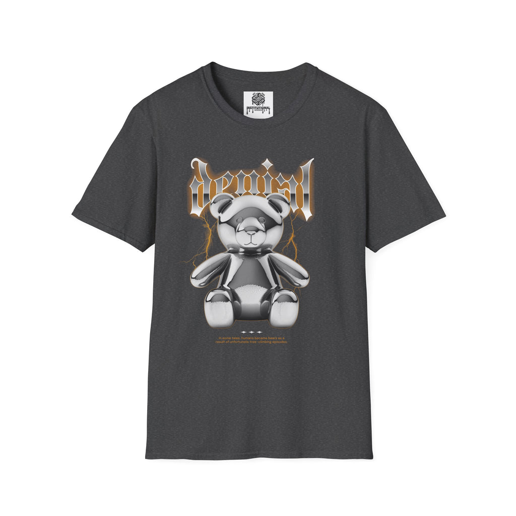 Denial Bear Graphic T-Shirt — Edgy Metallic Teddy Tee