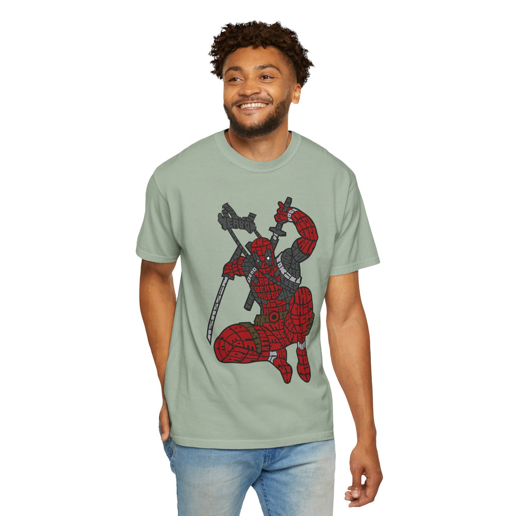Graphic T-Shirt — Red Webbed Superhero Kneeling Illustration
