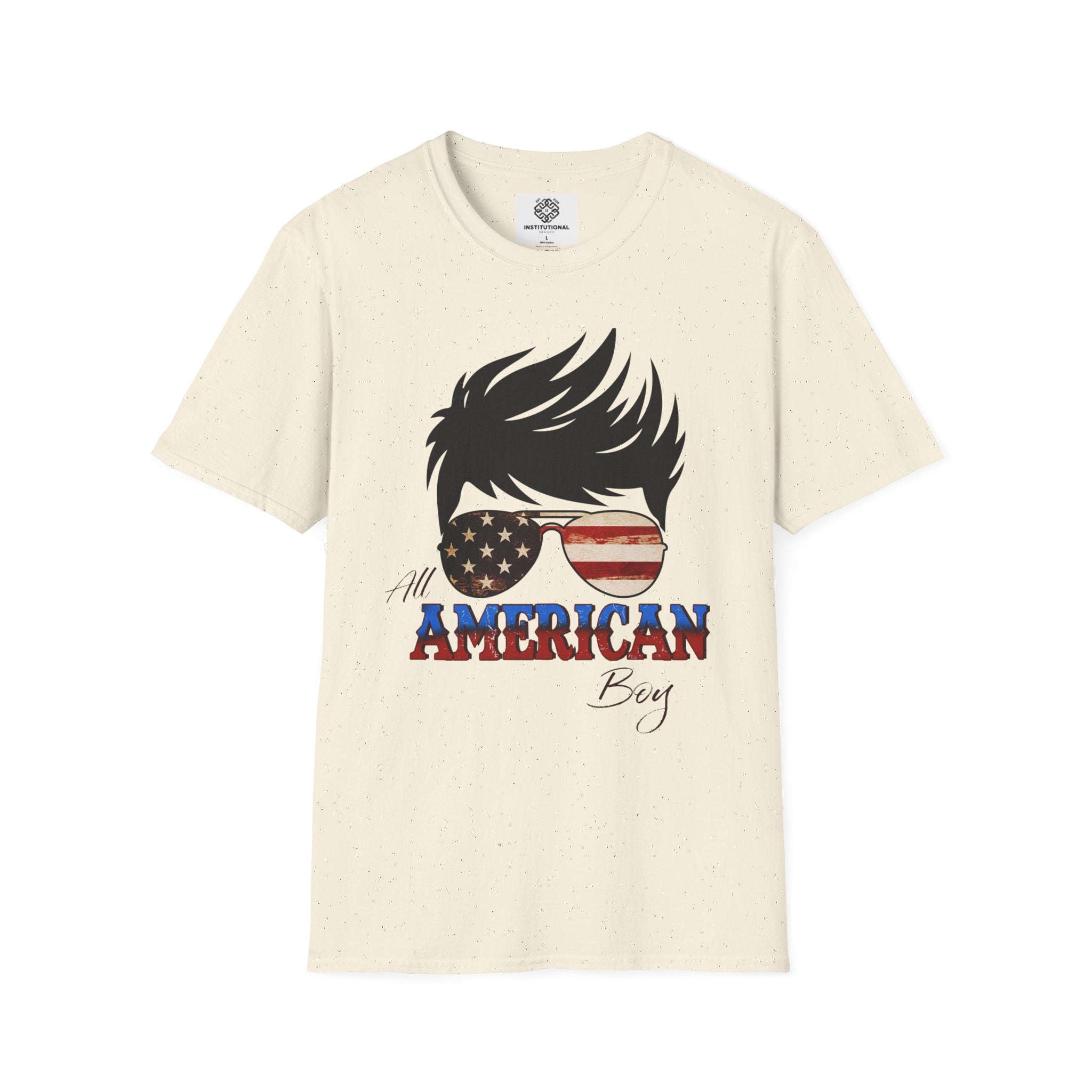 American Boy Graphic T-Shirt — Patriotic Sunglasses & Flag Hair Tee