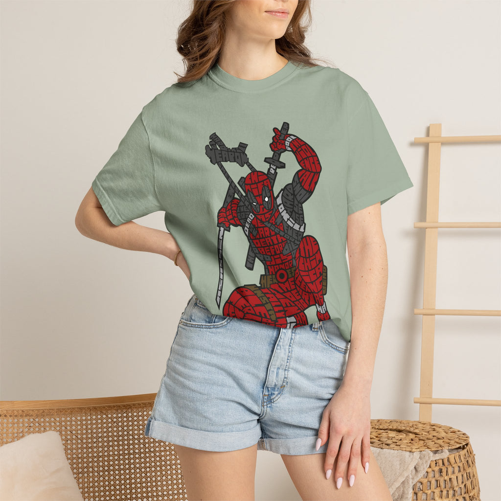 Graphic T-Shirt — Red Webbed Superhero Kneeling Illustration