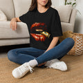 Bullet Lip Graphic T‑Shirt — Red Glossy Lips Biting Bullet Streetwear Tee