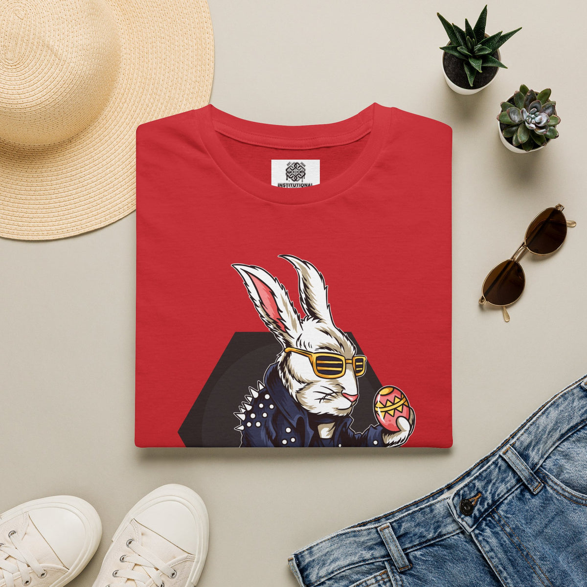Easter Bunny Rocker T-Shirt — Cool Bunny Holding Decorated Egg