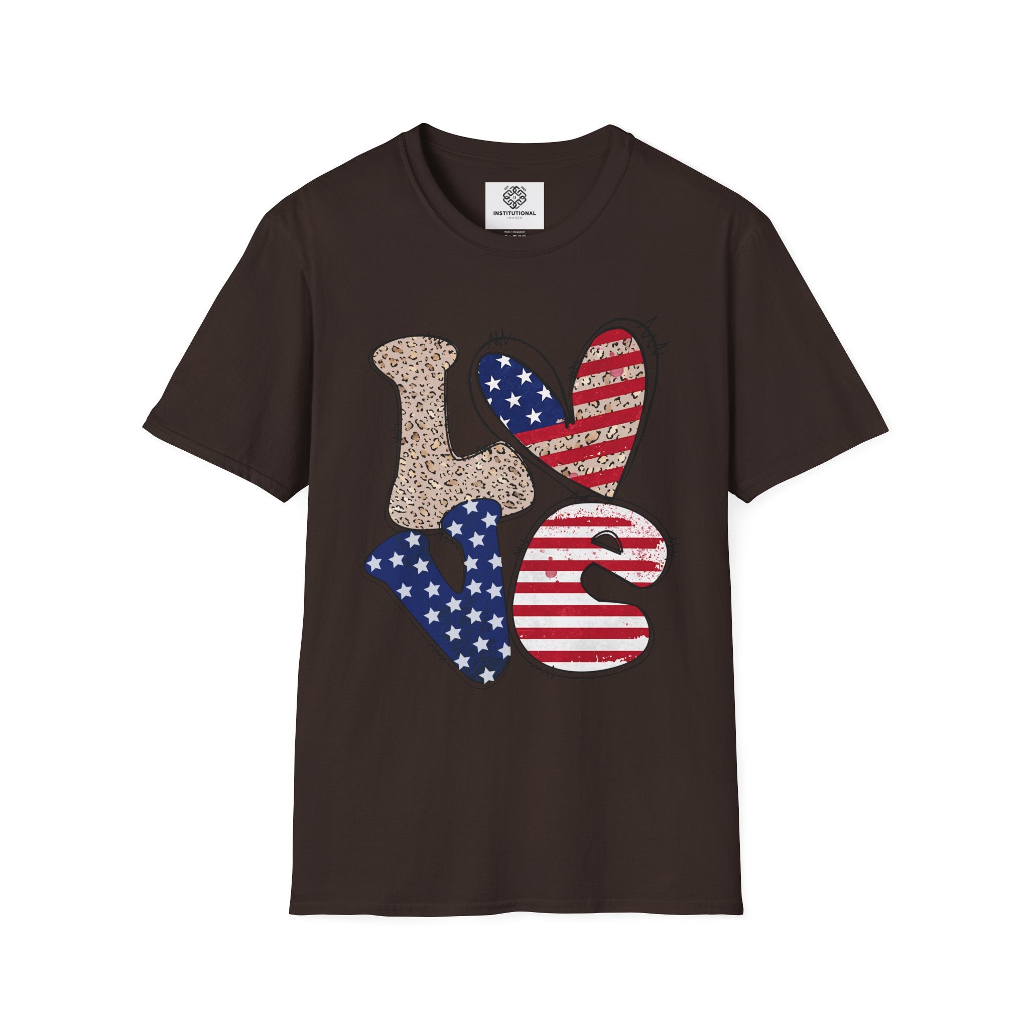 Patriotic LOVE Heart T-Shirt — American Flag & Leopard Print Graphic